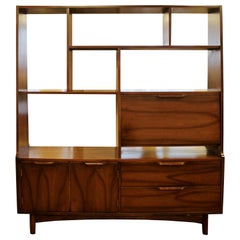 Vintage Mid-Century Modern Walnut Bookshelf Room Divider with Drop Down Desk, 1950s