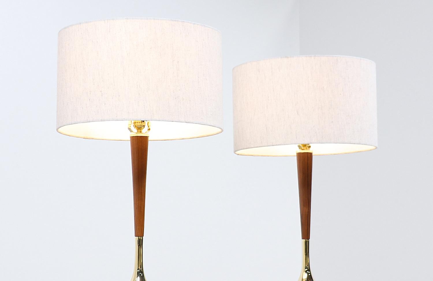 American Mid-Century Modern Walnut & Brass Accent Table Lamps by Laurel