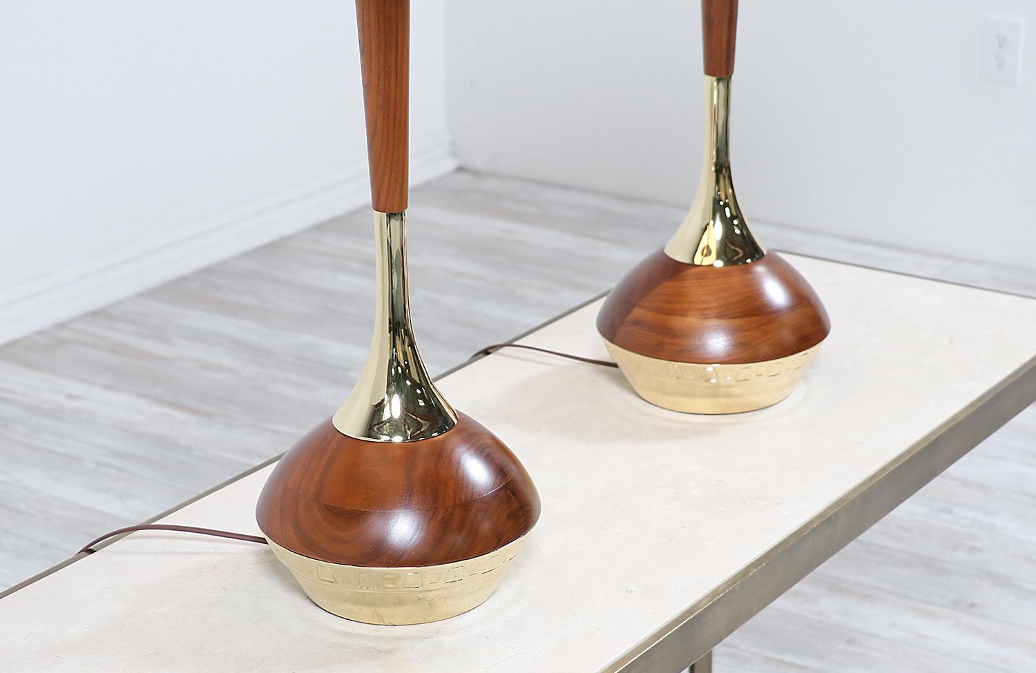 Mid-Century Modern Walnut & Brass Accent Table Lamps by Laurel 1