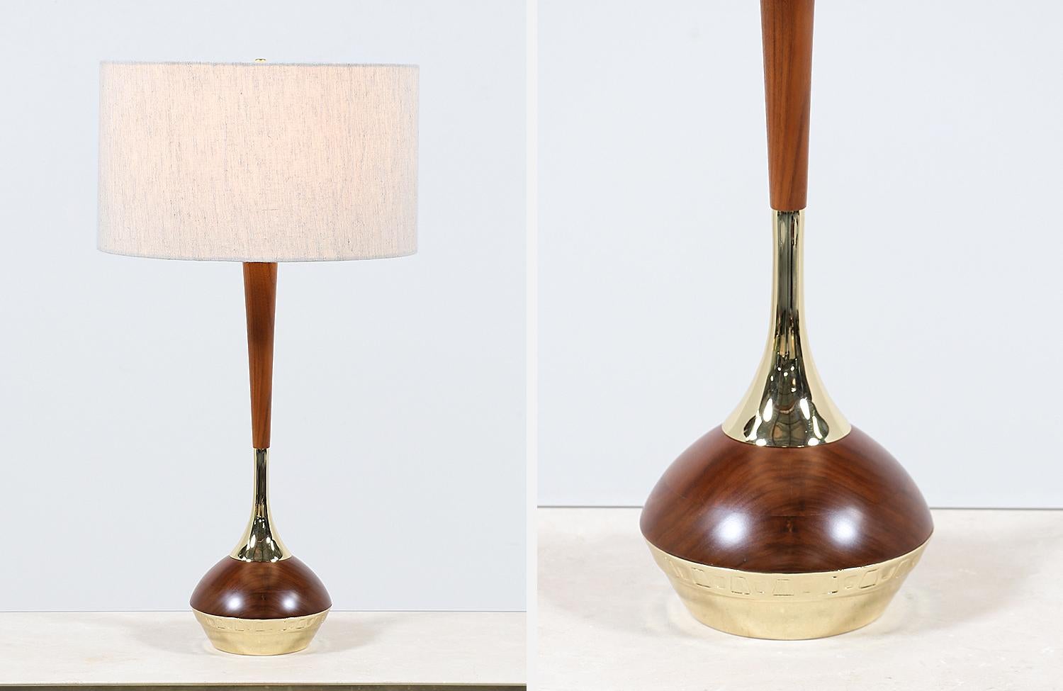 Mid-Century Modern Walnut & Brass Accent Table Lamps by Laurel 2
