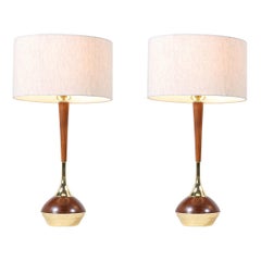Mid-Century Modern Walnut & Brass Accent Table Lamps by Laurel