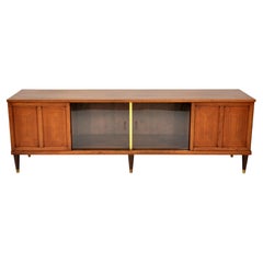 Mid-Century Modern Walnut, Brass and Glass Credenza Console Cabinet