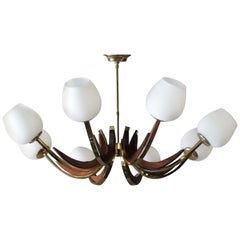 Mid-Century Modern Walnut, Brass, and Glass Eight-Light Chandelier