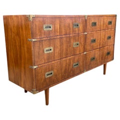 Vintage Mid-Century Modern Walnut & Brass Campaign Style Dresser by Henredon