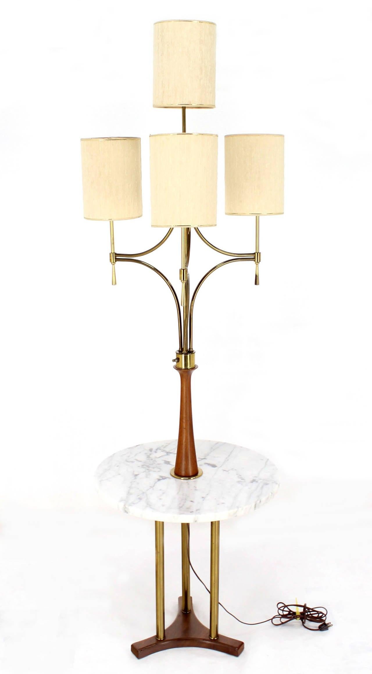 Mid-Century Modern Mid Century Modern Walnut Brass Floor Lamp Round Marble Top Side Table Torchere  For Sale