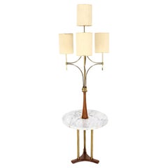 Mid Century Modern Walnut Brass Floor Lamp Round Marble Top Side Table Torchere 