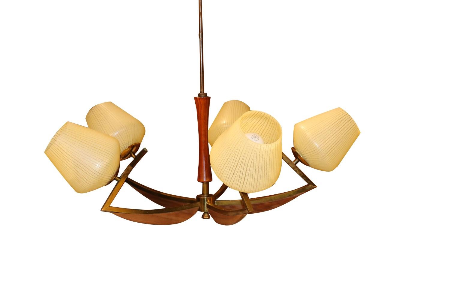 Mid-Century Modern Walnut Brass Glass Five Light Chandelier 4