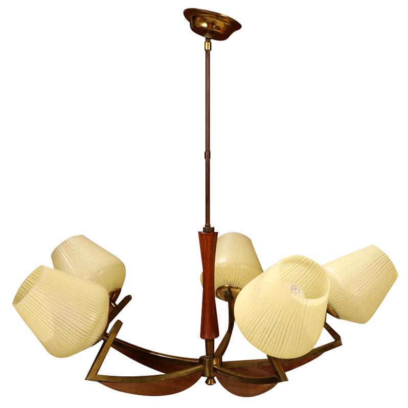 Mid-Century Modern Walnut Brass Glass Five Light Chandelier