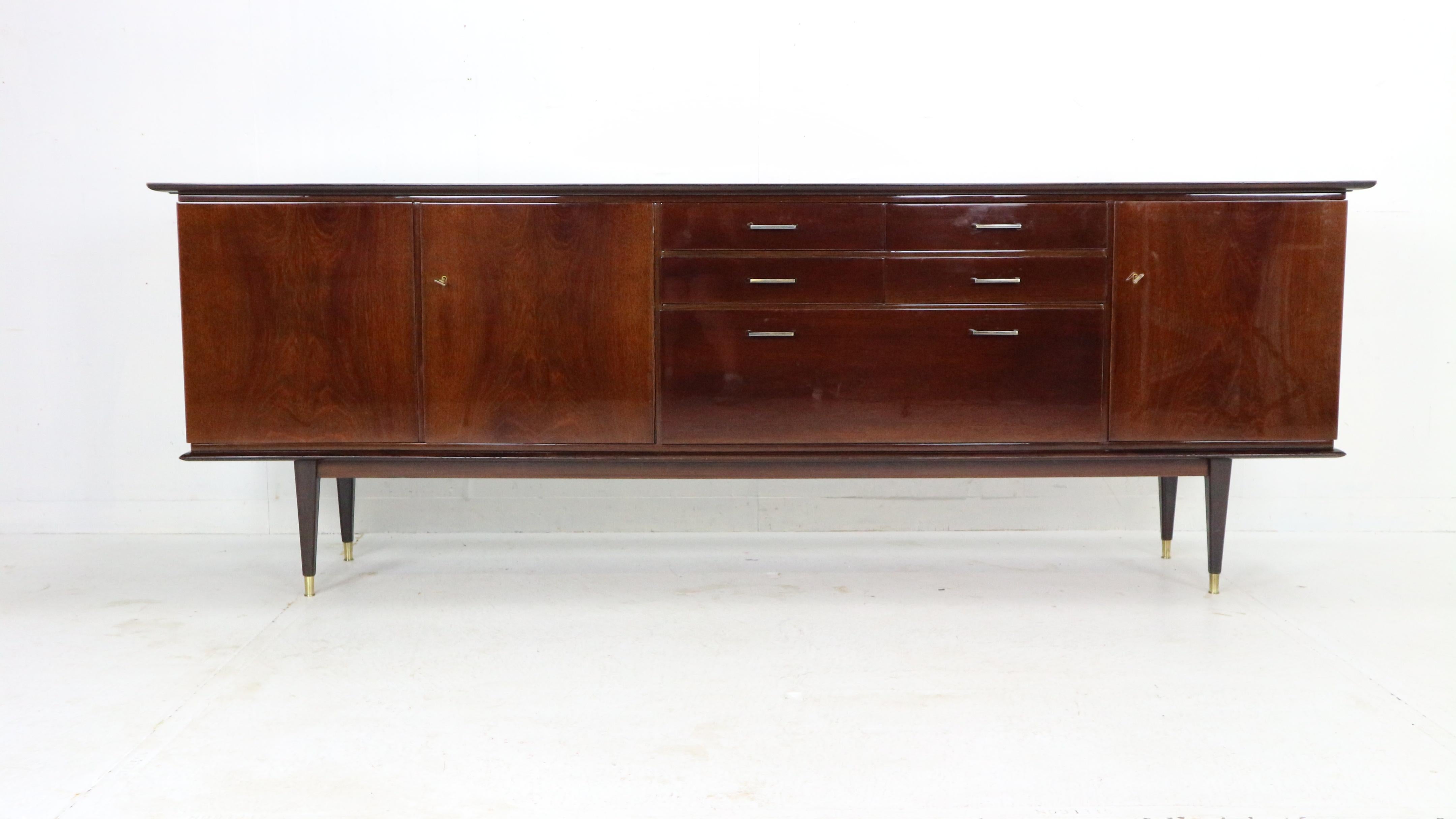 Danish High Gloss Mid-Century Modern Walnut & Brass Large Sideboard, Denmark, 1960's