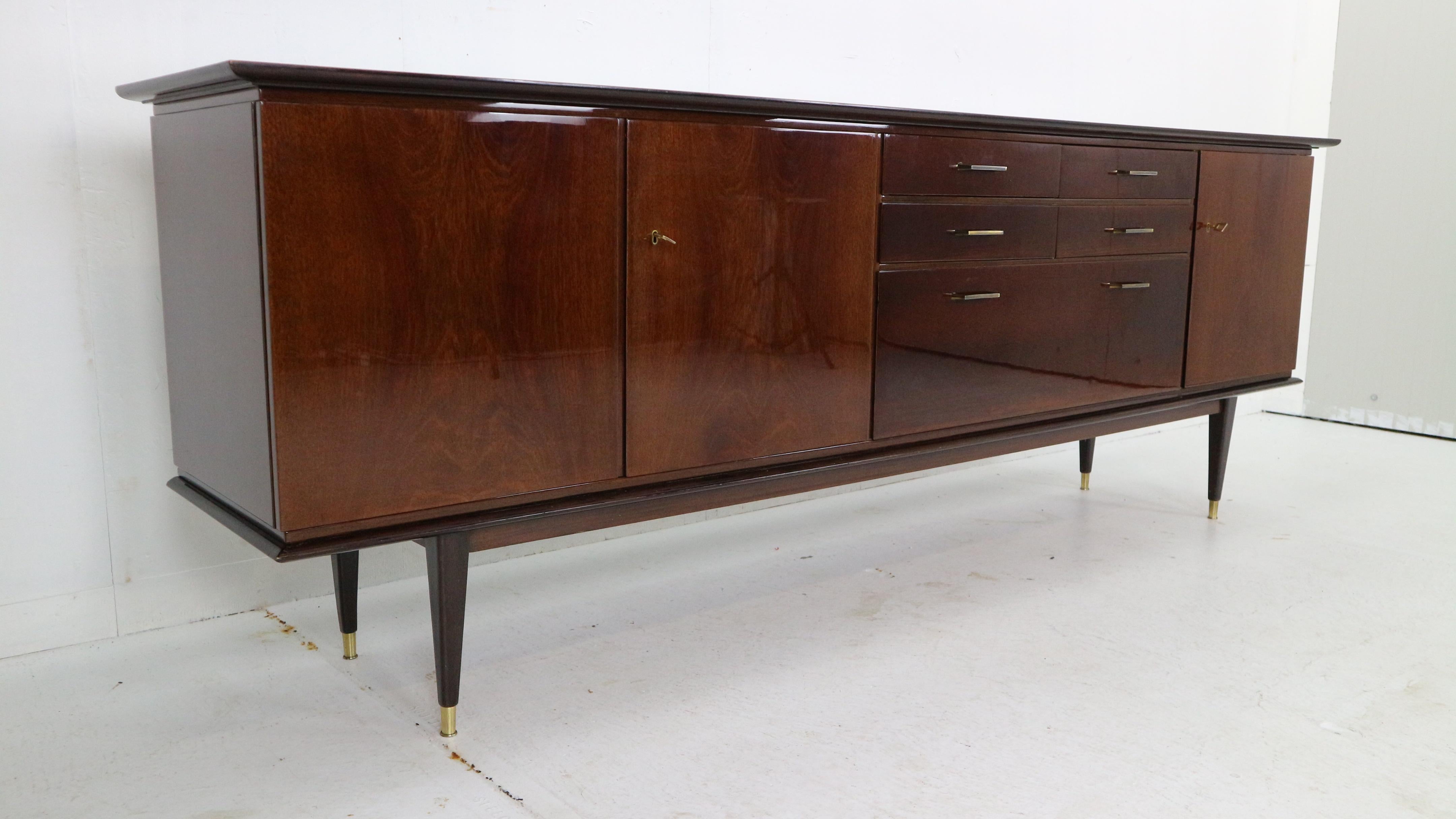 High Gloss Mid-Century Modern Walnut & Brass Large Sideboard, Denmark, 1960's 1