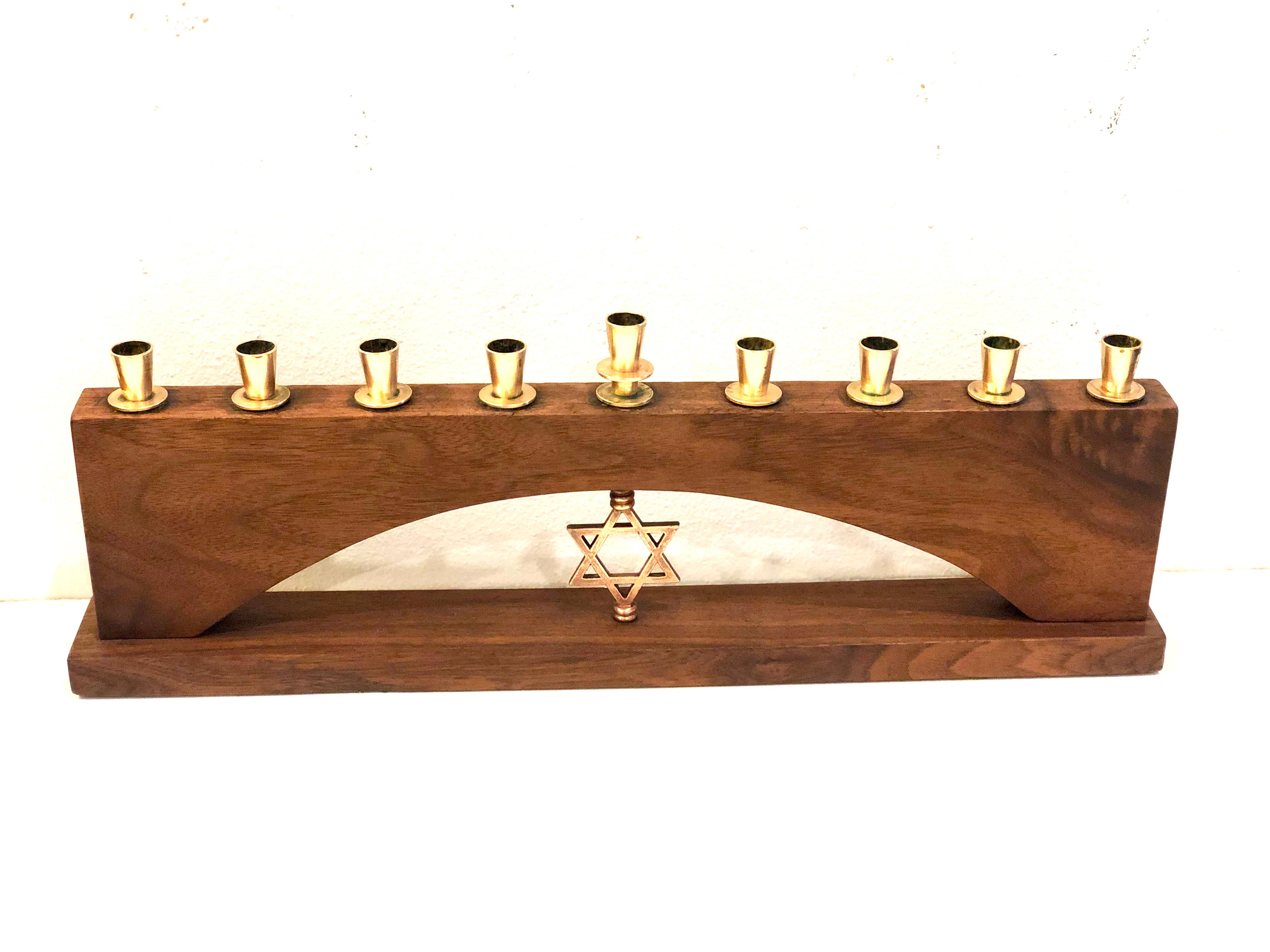 American Mid-Century Modern Walnut and Brass Menorah Attributed to Paul Evans