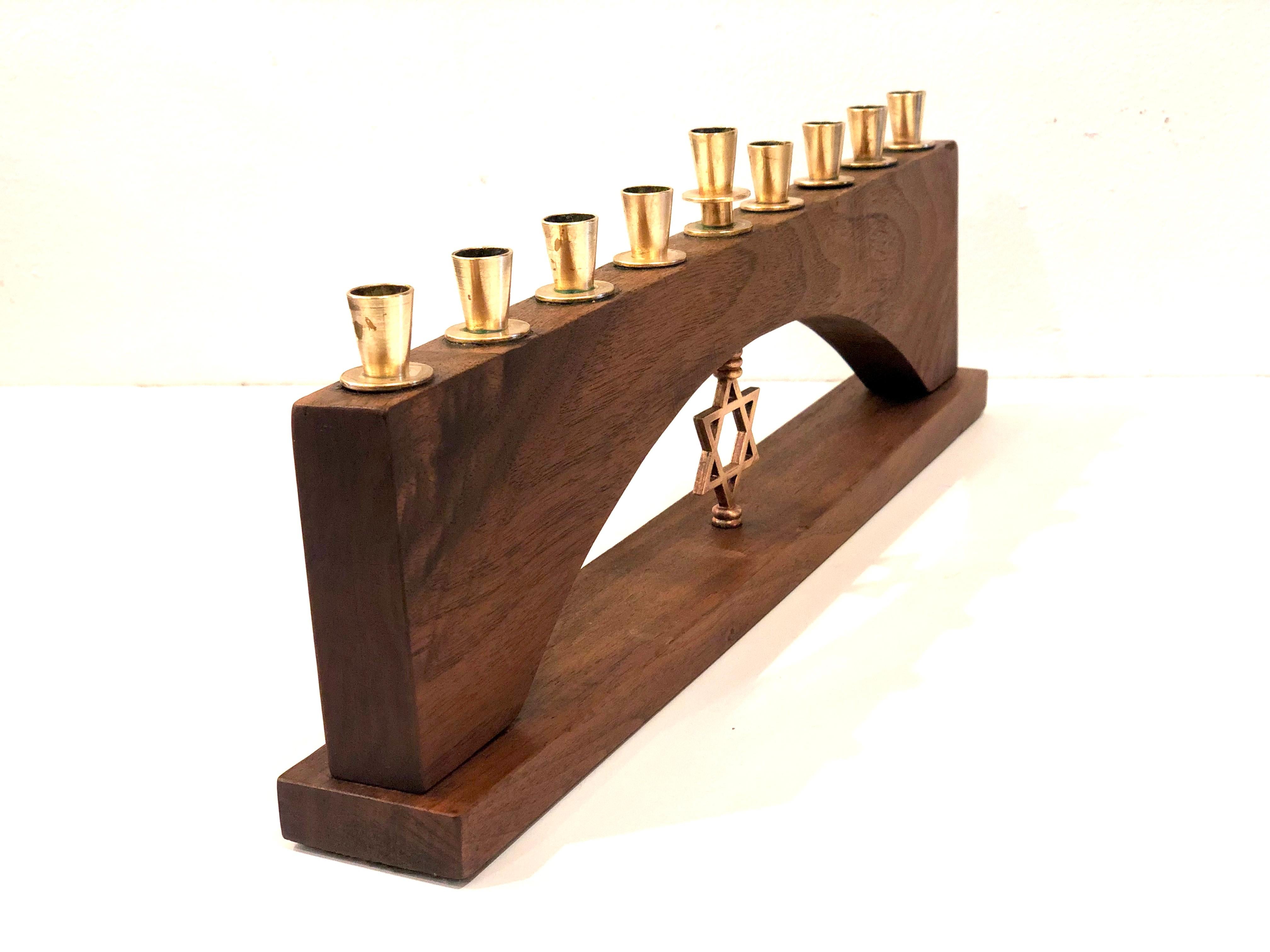 Mid-Century Modern Walnut and Brass Menorah Attributed to Paul Evans In Good Condition In San Diego, CA