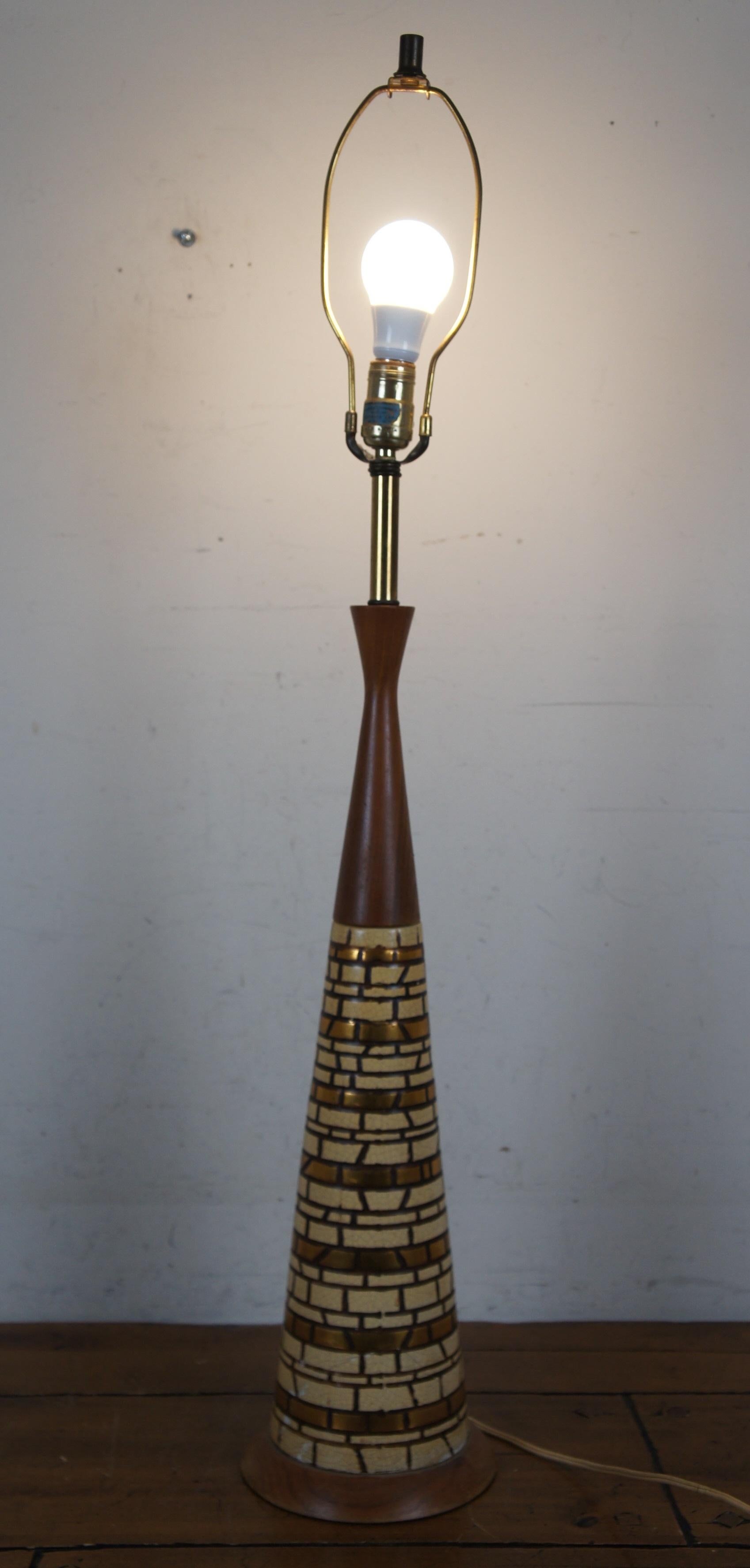 Mid Century Modern Walnut Brass Mosaic Tile Genie Bottle Table Lamp 39