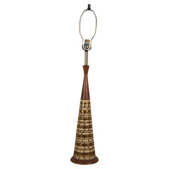 Mid Century Modern Walnut Brass Mosaic Tile Genie Bottle Table Lamp 39"