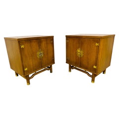 Mid-Century Modern Walnut & Brass Nightstands - Set of 2