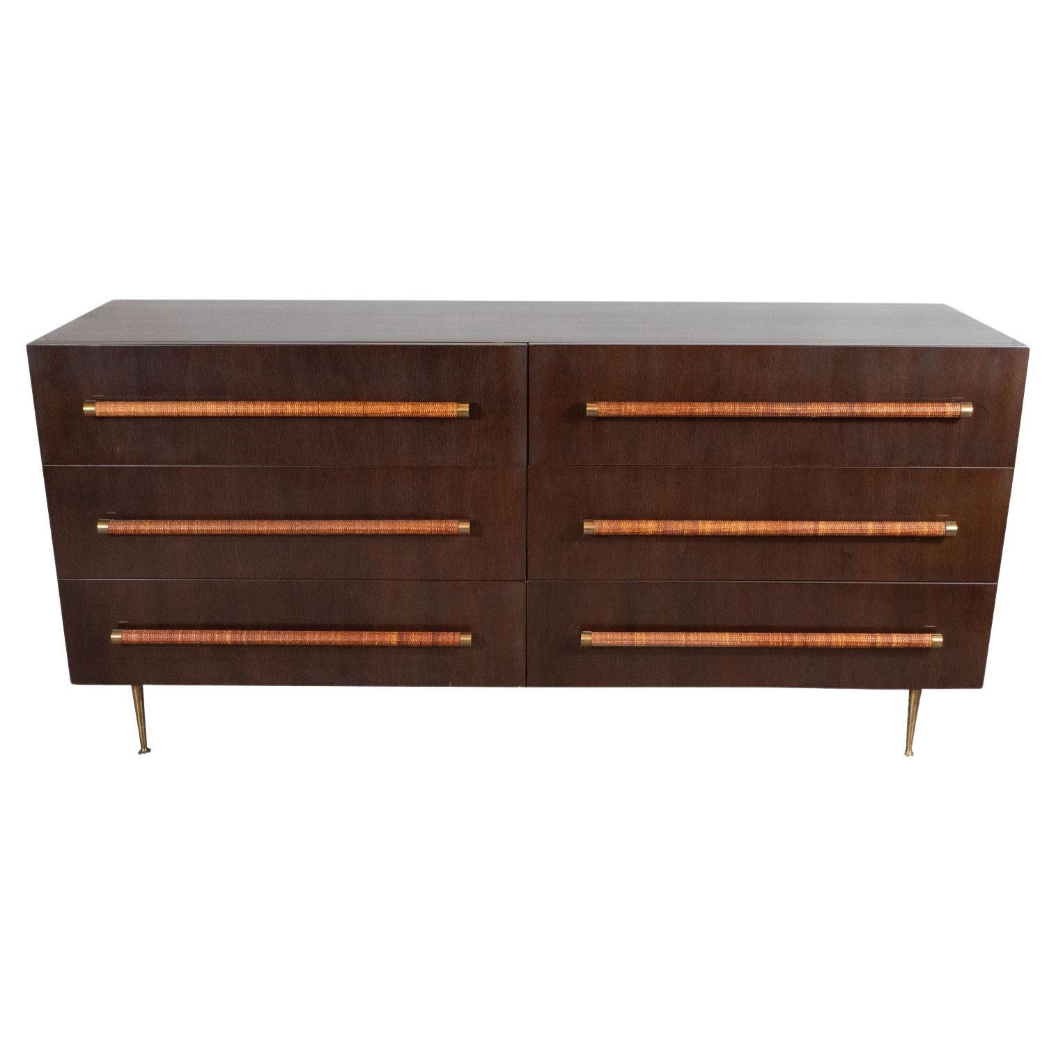 Mid Century Modern Walnut, Brass & Rattan Dresser by T.H. Robsjohn Gibbings