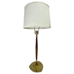Mid-Century Modern Walnut & Brass Table Lamp W/ Shade Attributed to Thurston