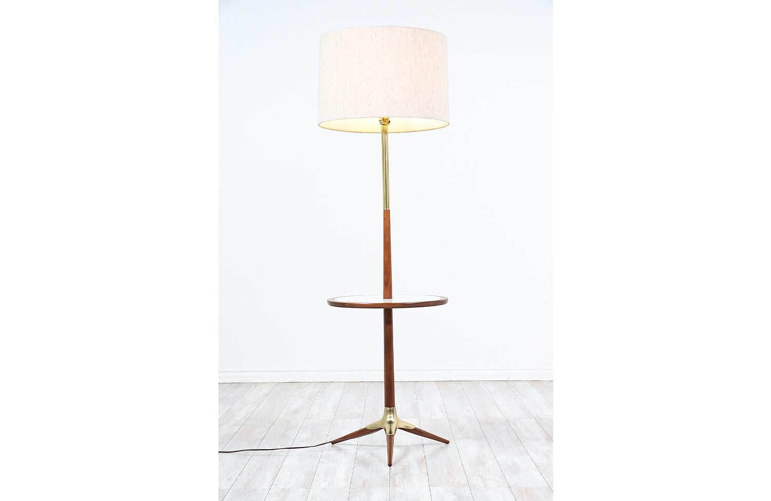 Mid-Century Modern Walnut & Brass Tripod Floor Lamp with Side Table For Sale 2
