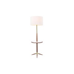 Mid-Century Modern Walnut & Brass Tripod Floor Lamp with Side Table