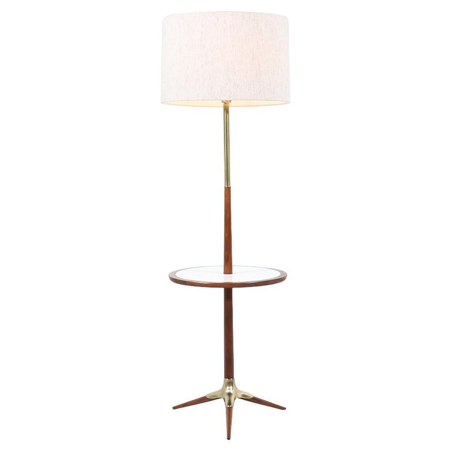 Mid-Century Modern Walnut & Brass Tripod Floor Lamp with Side Table For Sale