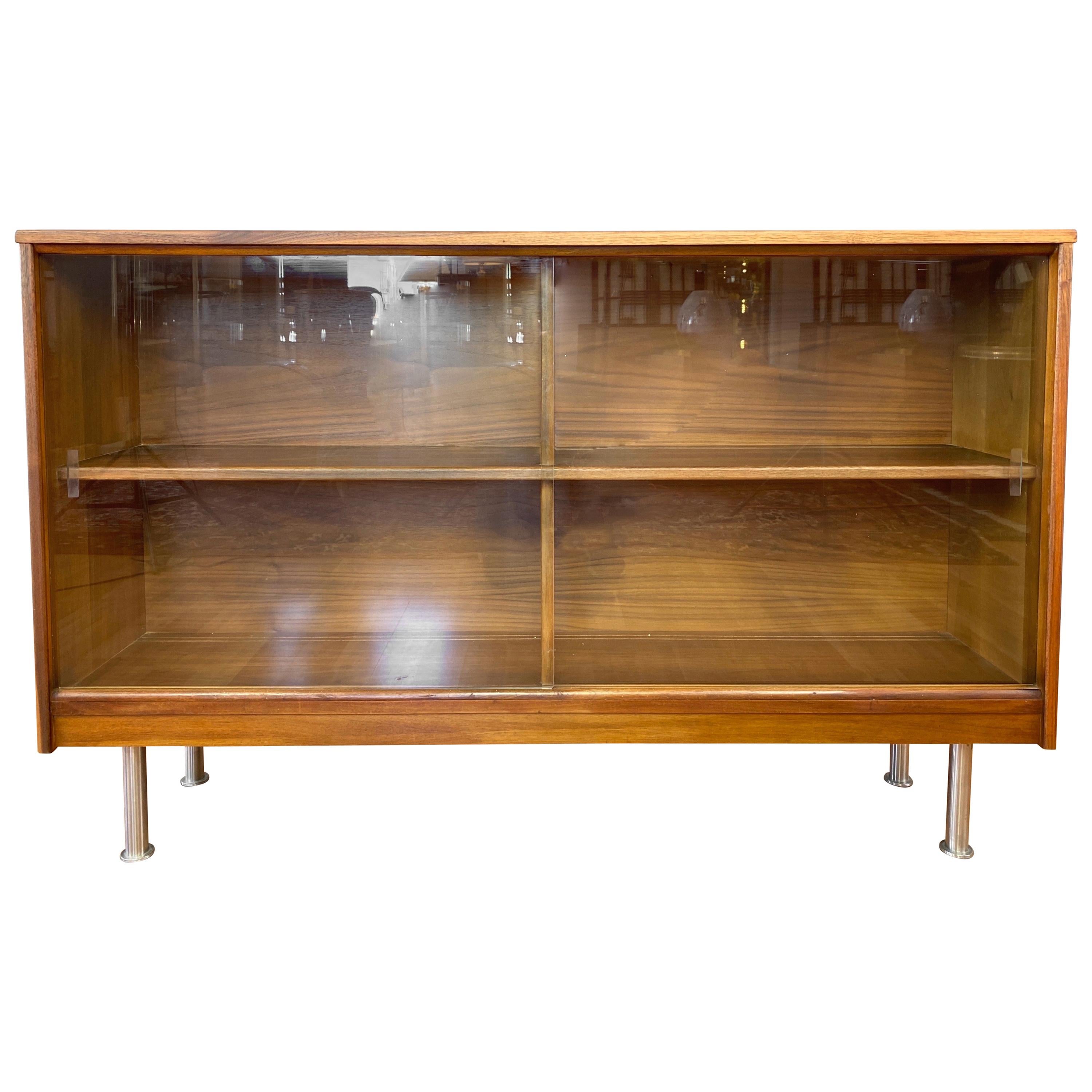 Mid-Century Modern Walnut Cabinet or Bookcase with Sliding Glass Doors, 1960s