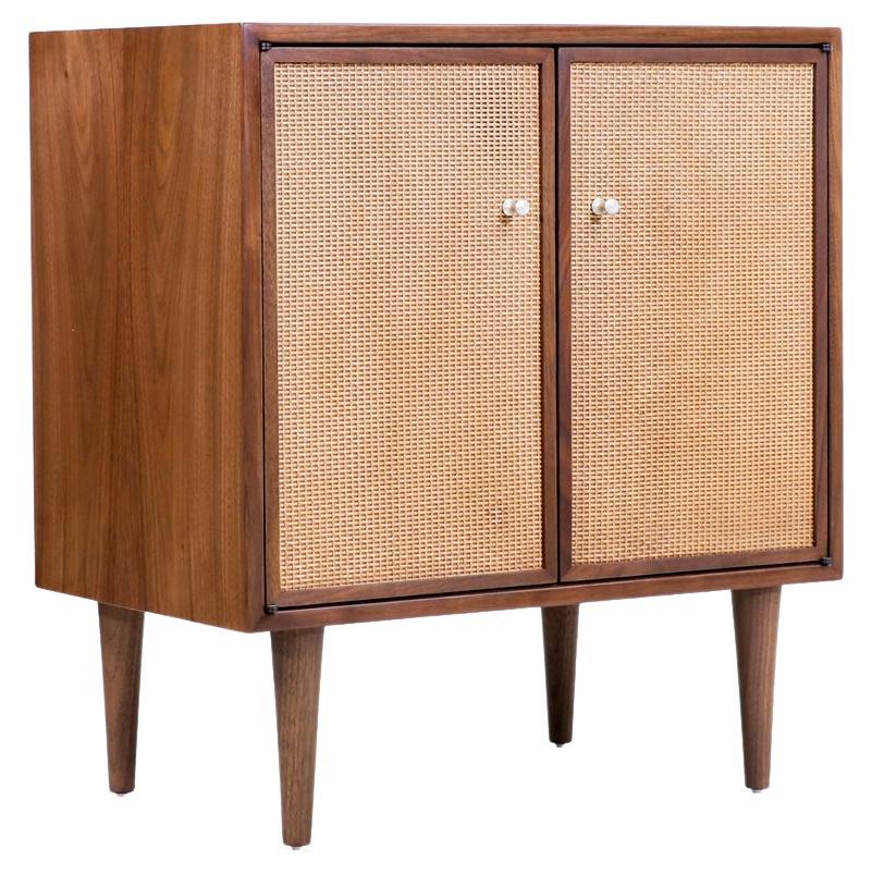  Expertly Restored - Mid-Century Modern Walnut Cabinet with Cane Doors For Sale