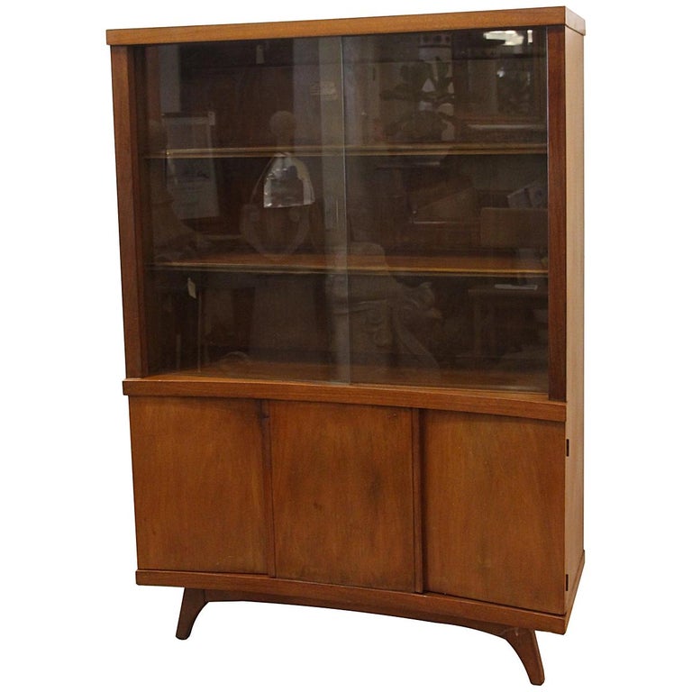 Mid-Century Modern Walnut Cabinet with Glass Doors, circa 1960 For Sale