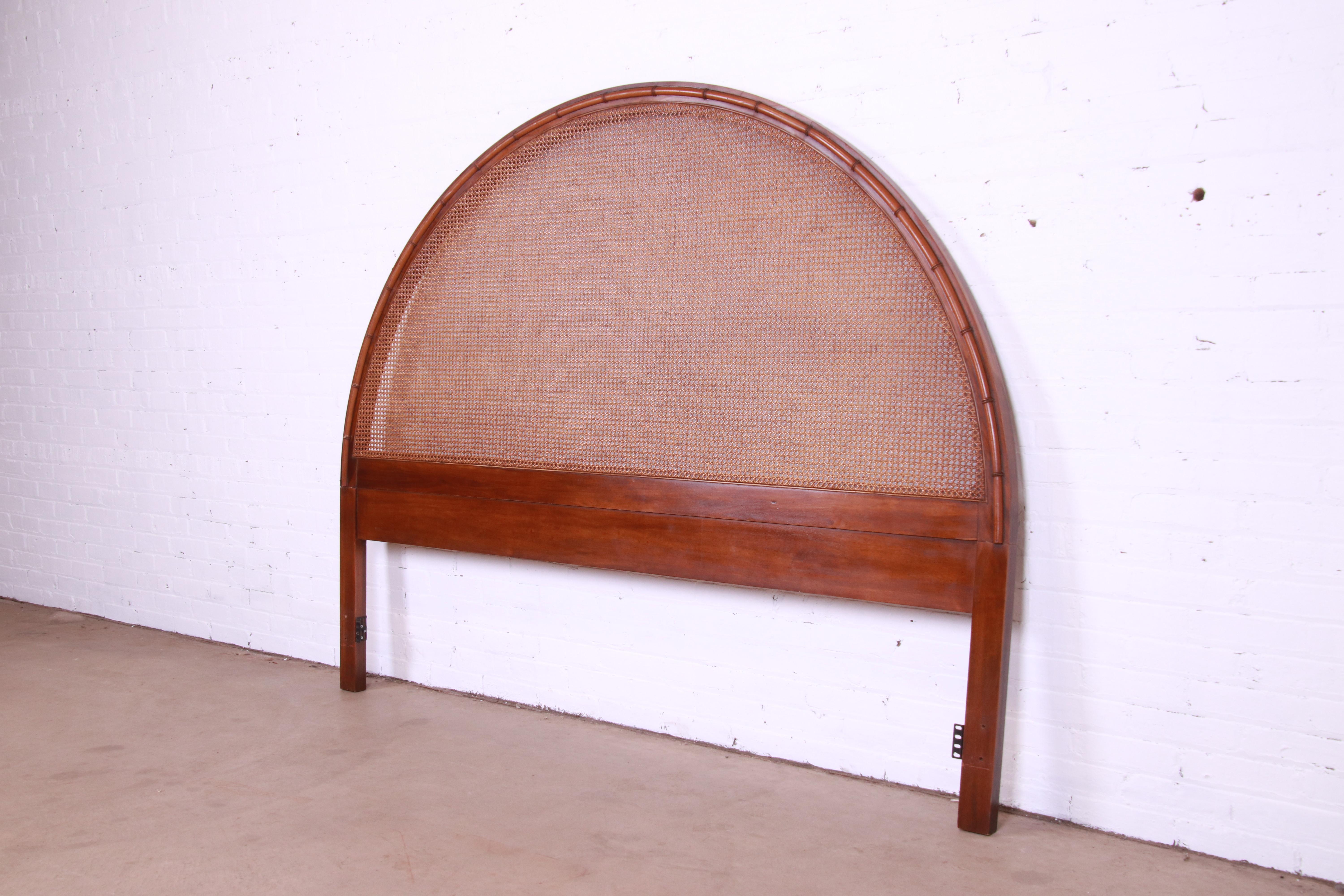 American Mid-Century Modern Walnut, Cane, and Faux Bamboo Arched King Headboard, 1960s