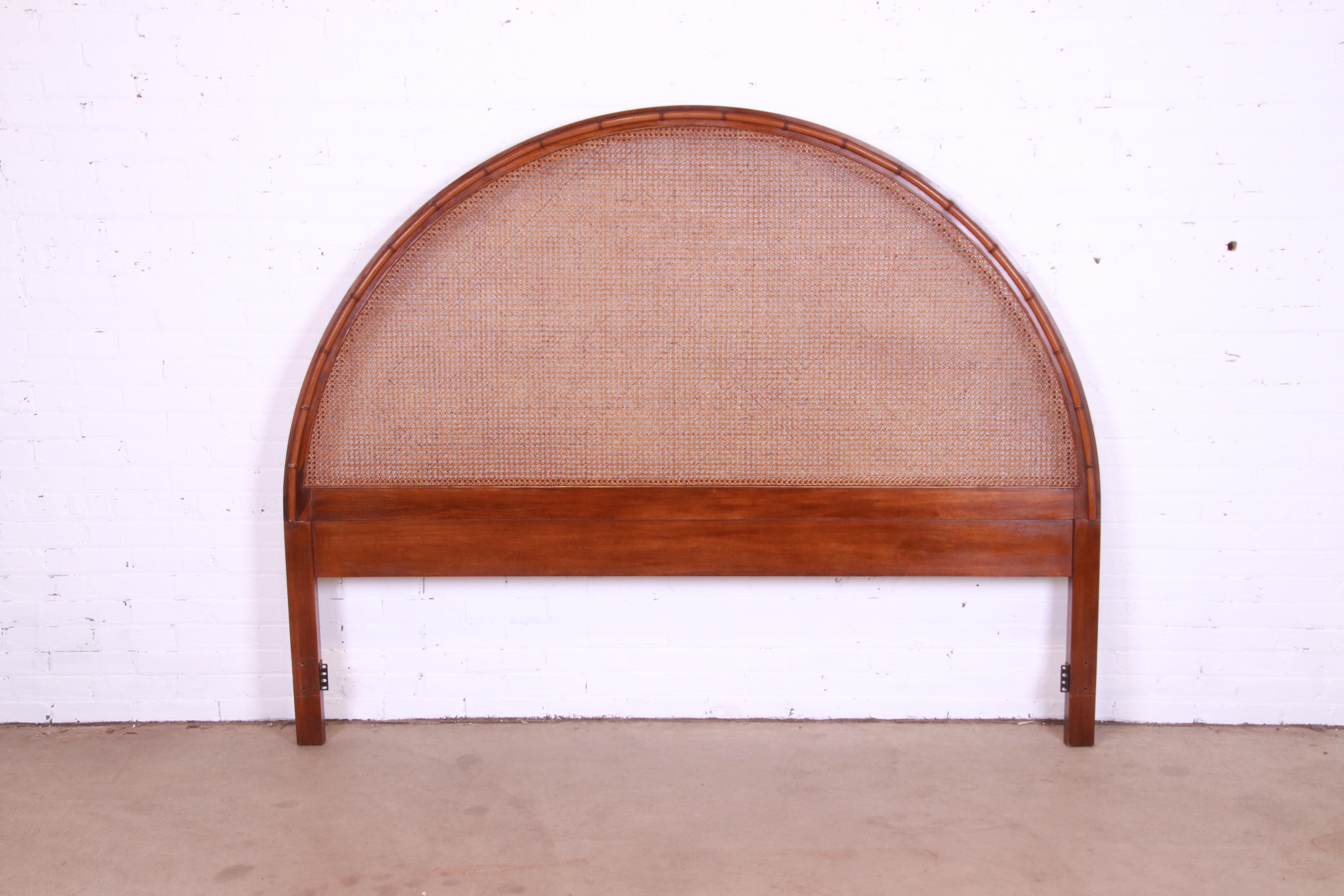 Mid-Century Modern Walnut, Cane, and Faux Bamboo Arched King Headboard, 1960s In Good Condition In South Bend, IN