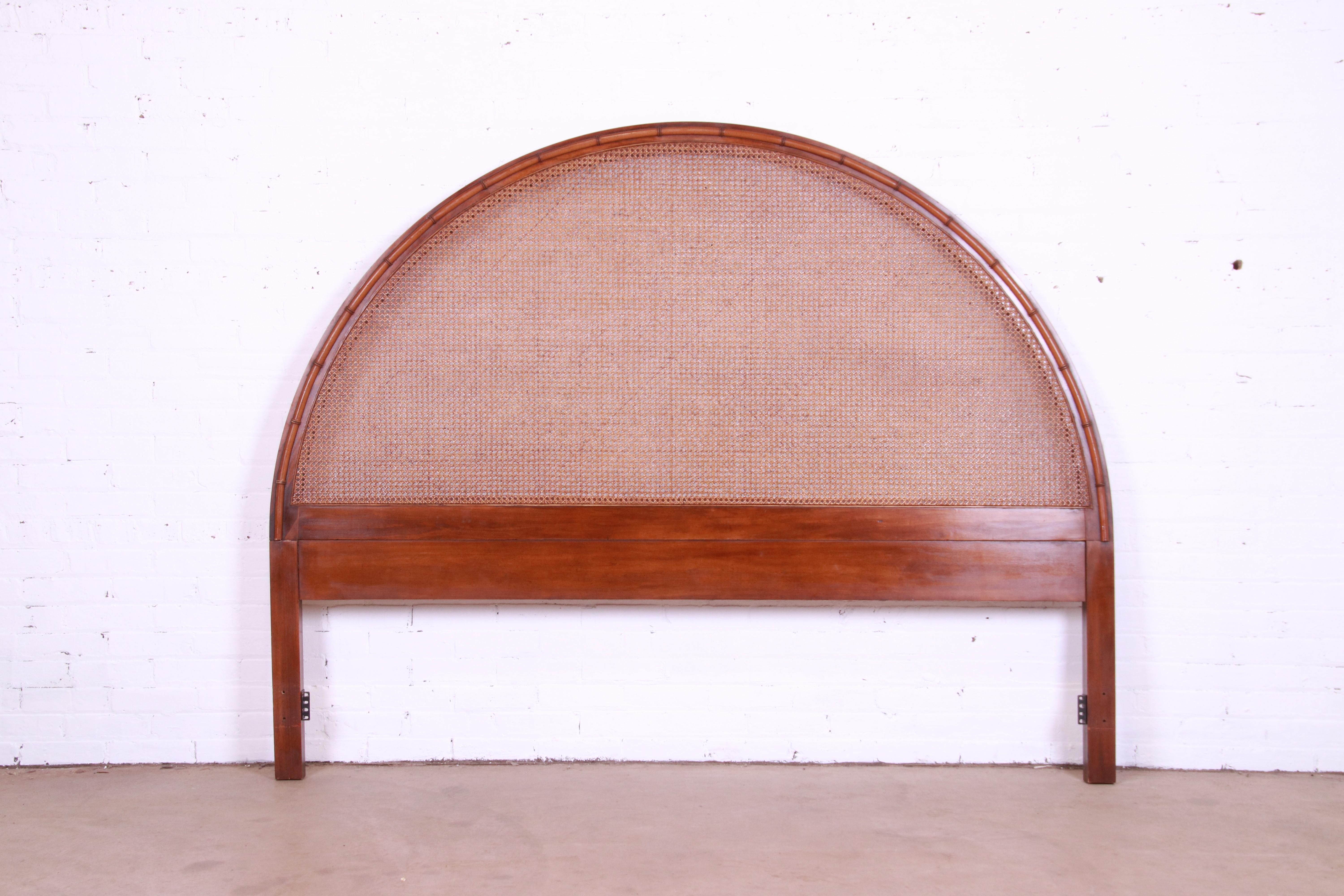 20th Century Mid-Century Modern Walnut, Cane, and Faux Bamboo Arched King Headboard, 1960s
