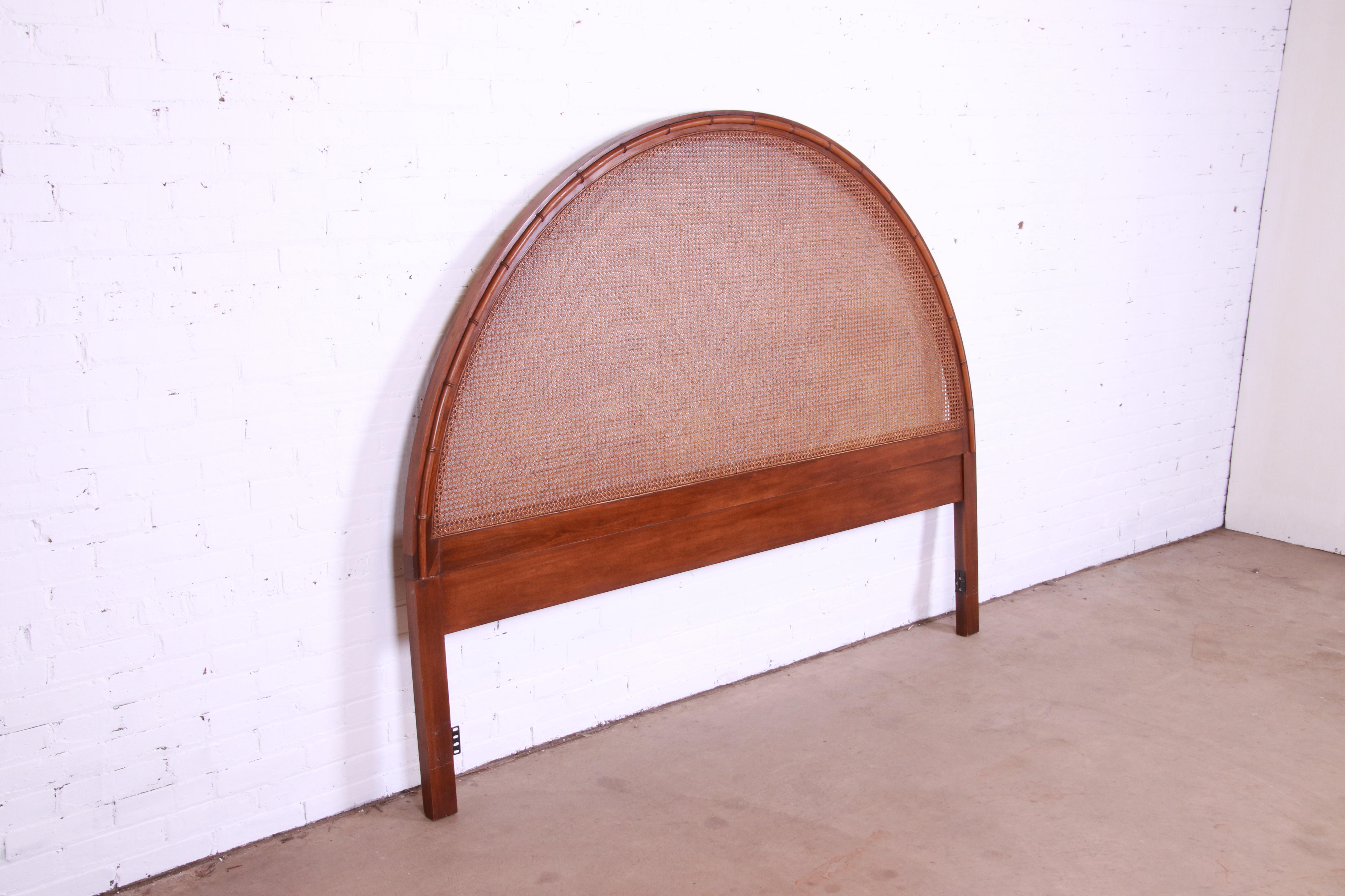 Mid-Century Modern Walnut, Cane, and Faux Bamboo Arched King Headboard, 1960s 1