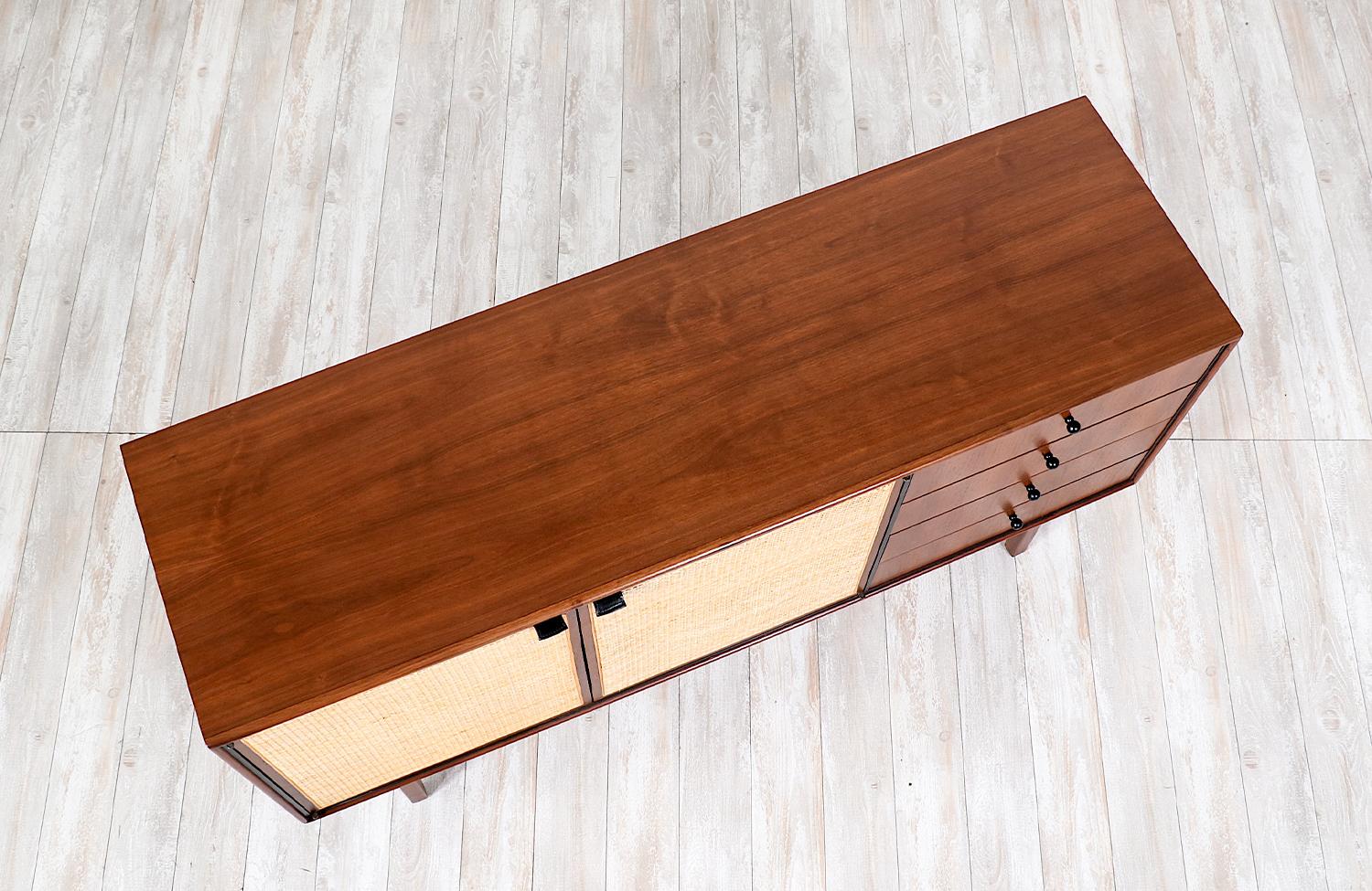 Leather Mid-Century Modern Walnut & Cane Credenza by Jack Cartwright for Founders