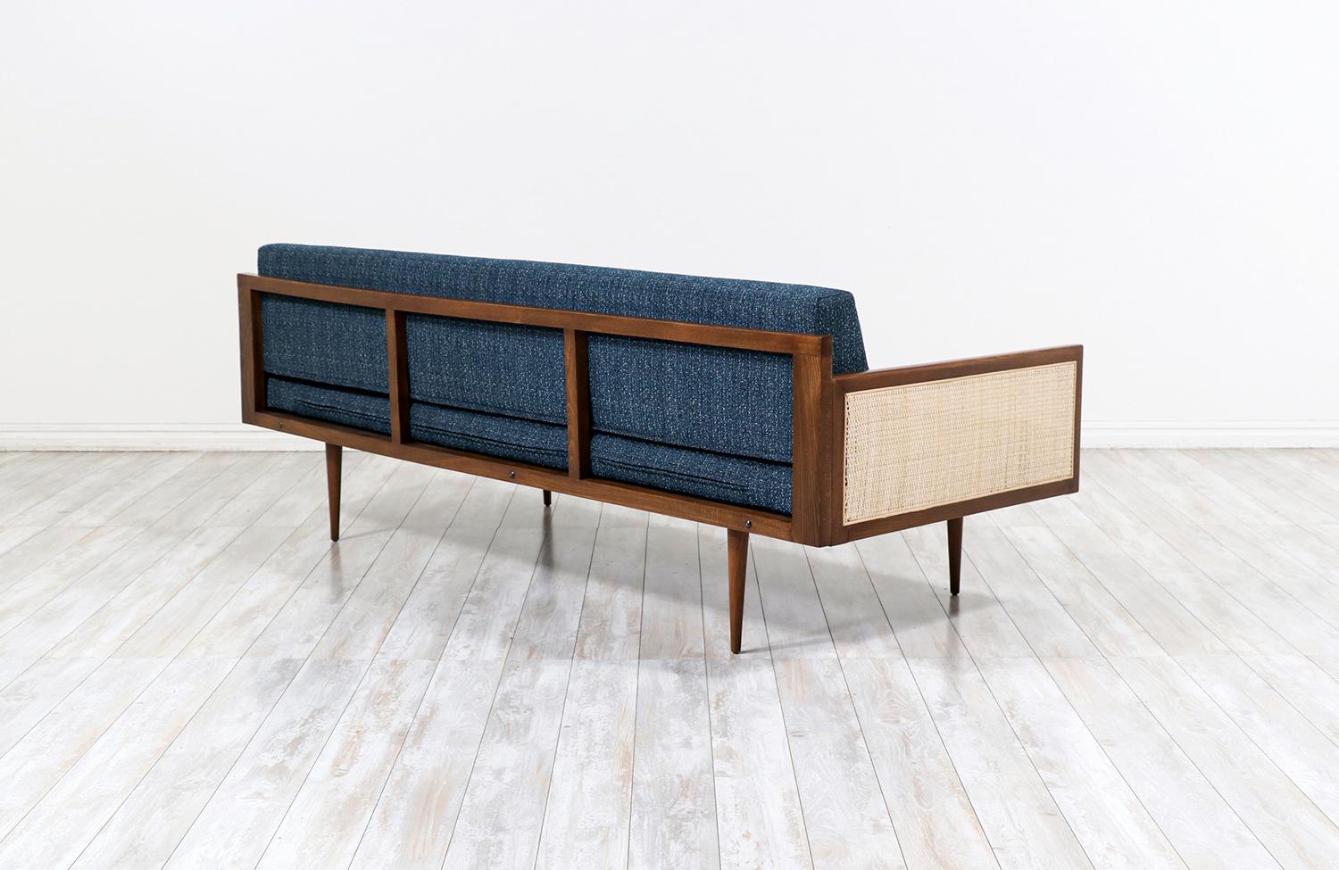 Expertly Restored - Mid-Century Modern Walnut & Cane Daybed Sofa In Excellent Condition In Los Angeles, CA