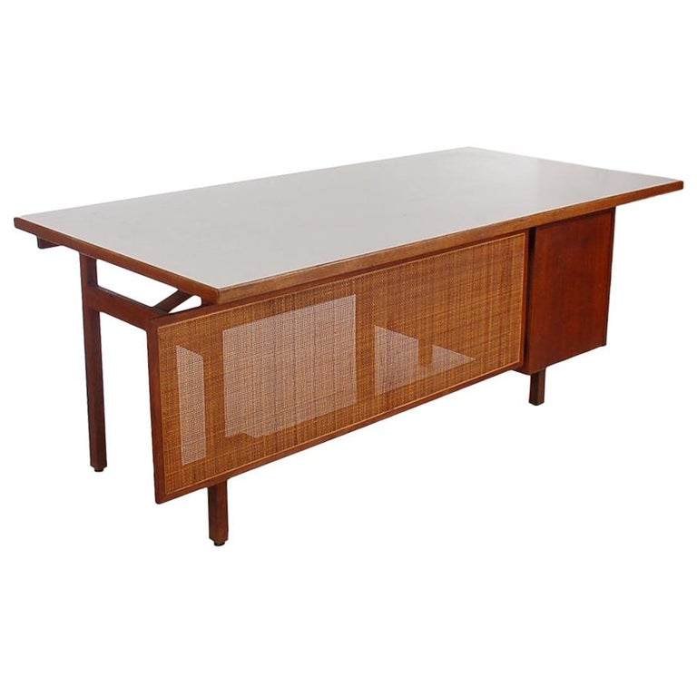 MidCentury Modern Walnut and Cane Desk by Jens Risom at 1stDibs