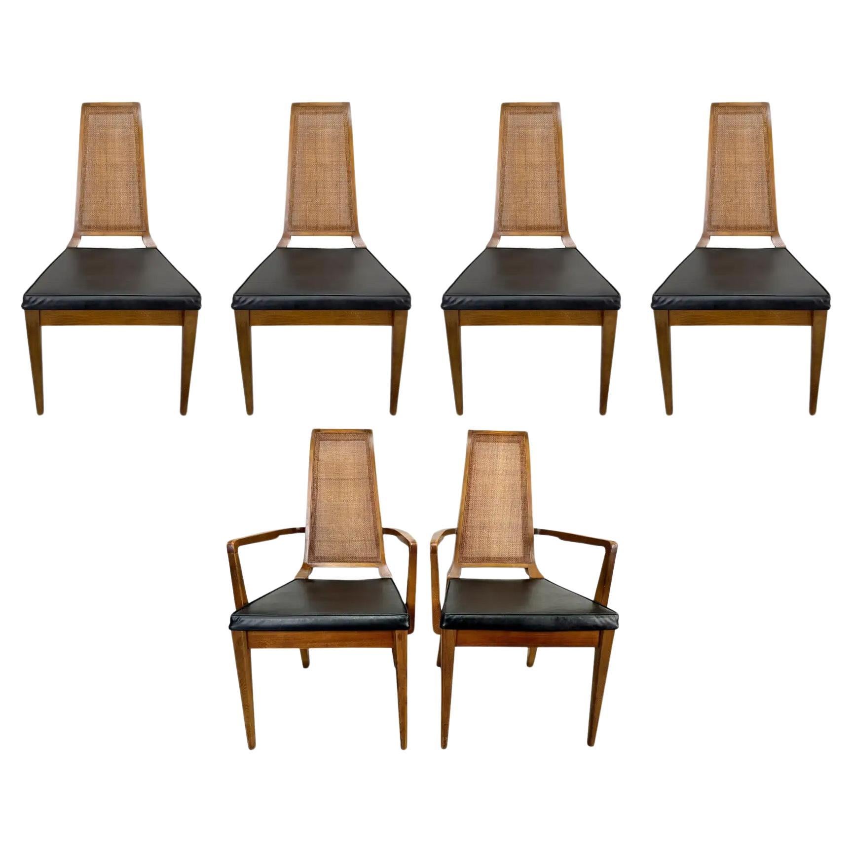 Mid Century Modern Walnut & Cane Dining Chair by American of Martinsville, 6 pcs For Sale