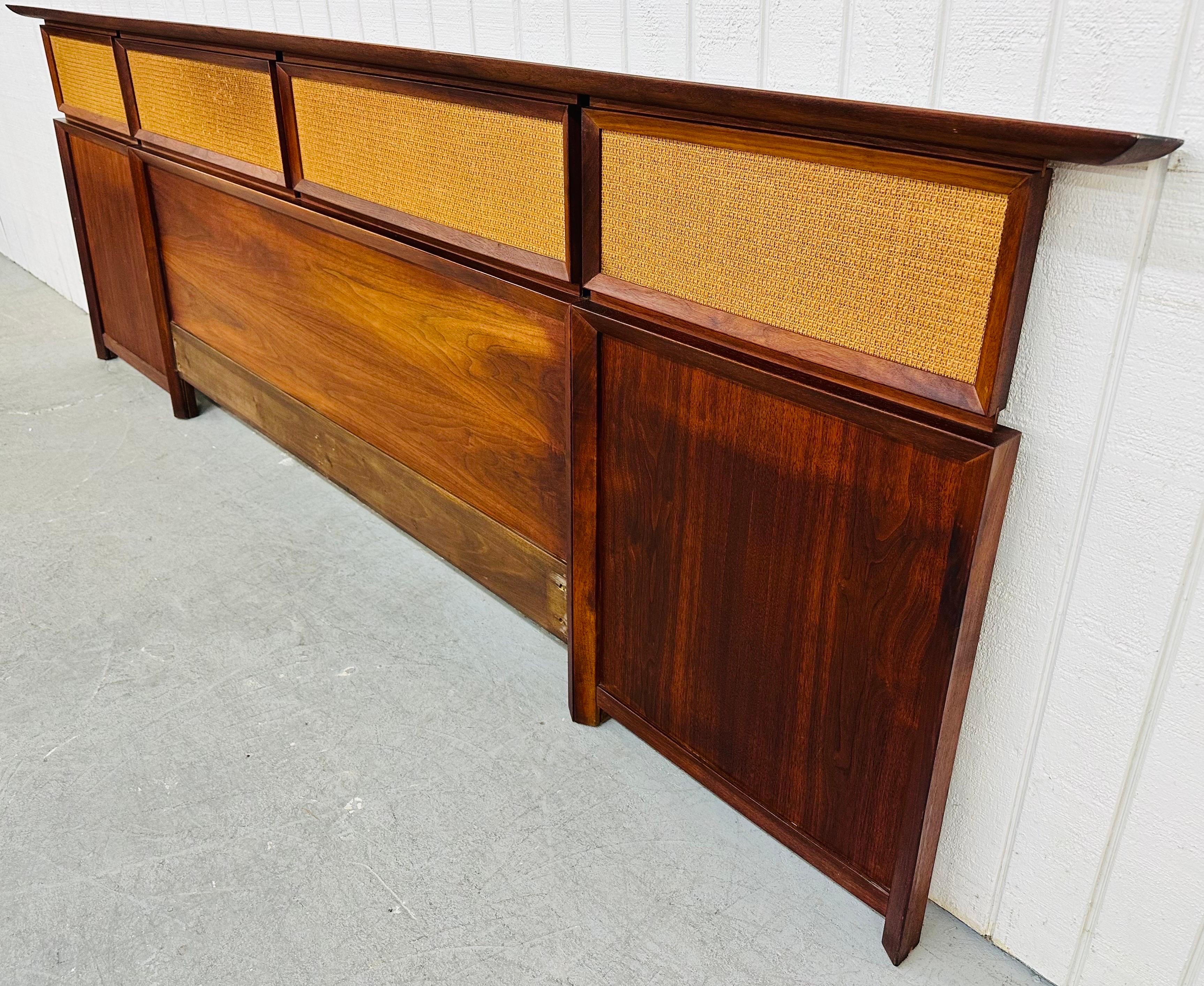 This listing is for a Mid-Century Modern Walnut & Cane King Size Headboard. Featuring a straight line design, walnut frame, four reversible cane panels, and a beautiful walnut finish. This is an exceptional combination of quality and design!