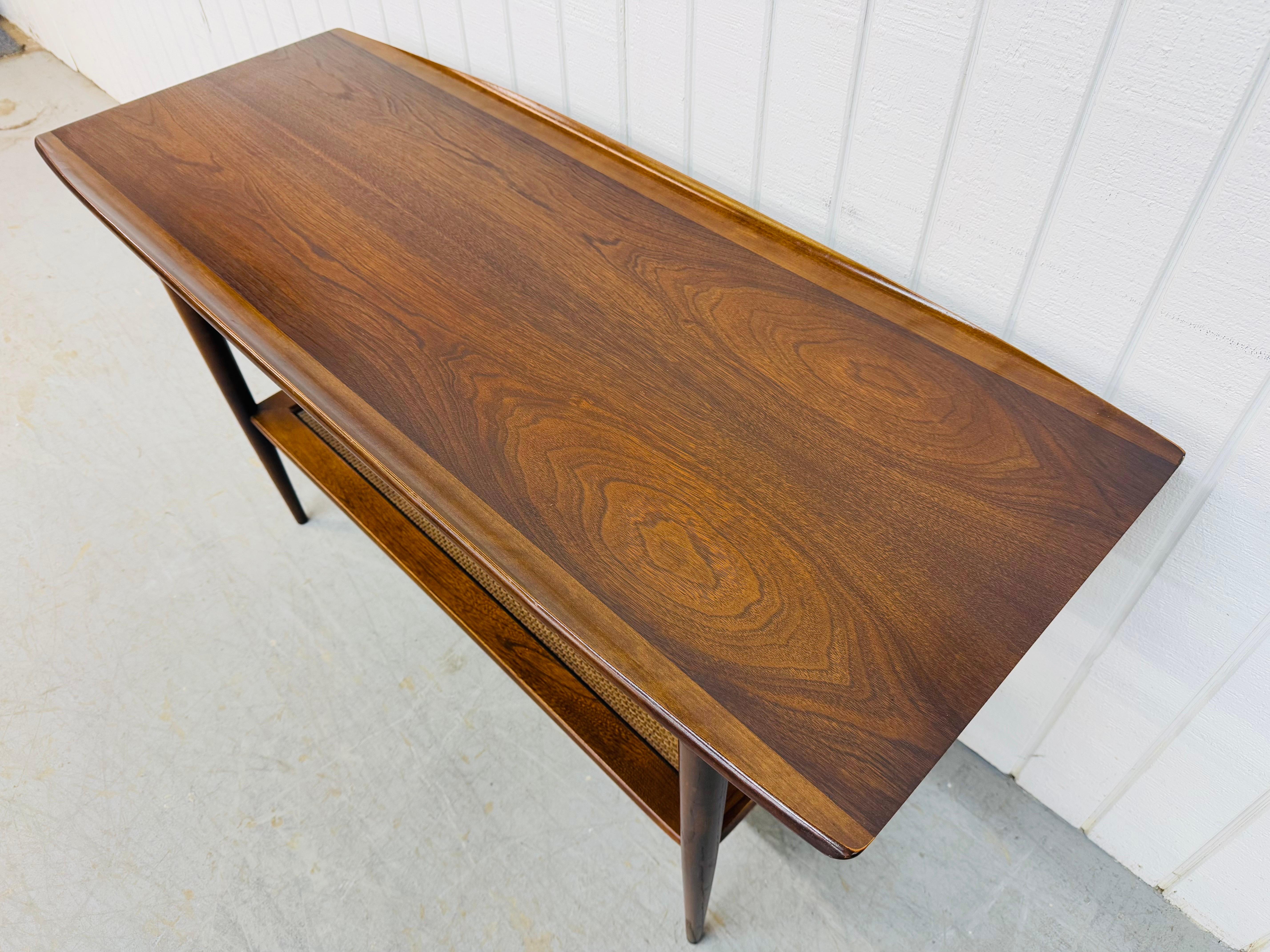American Mid-Century Modern Walnut & Cane Sofa Table For Sale
