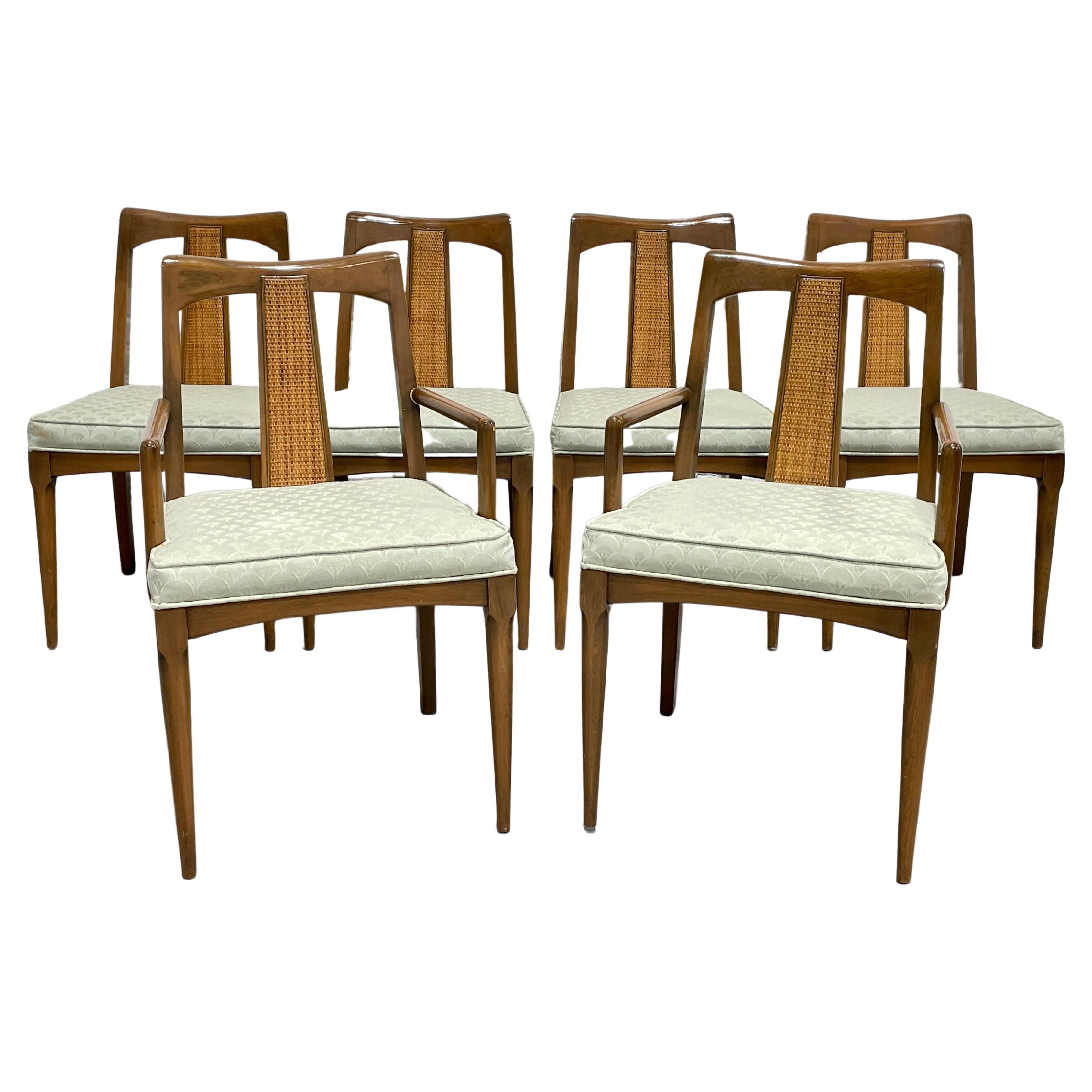 Mid-Century Modern Walnut Caned Dining Chairs, Set of 6 For Sale