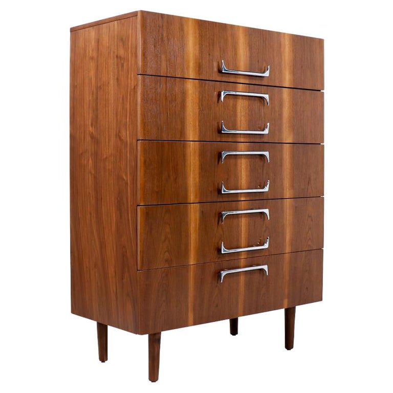 MidCentury Modern Walnut Chest of Drawers with Sculpted Chrome Pulls — free download