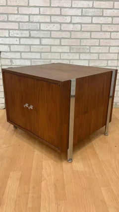 Mid Century Modern Walnut Chrome Flat Bar Record Storage Cabinet