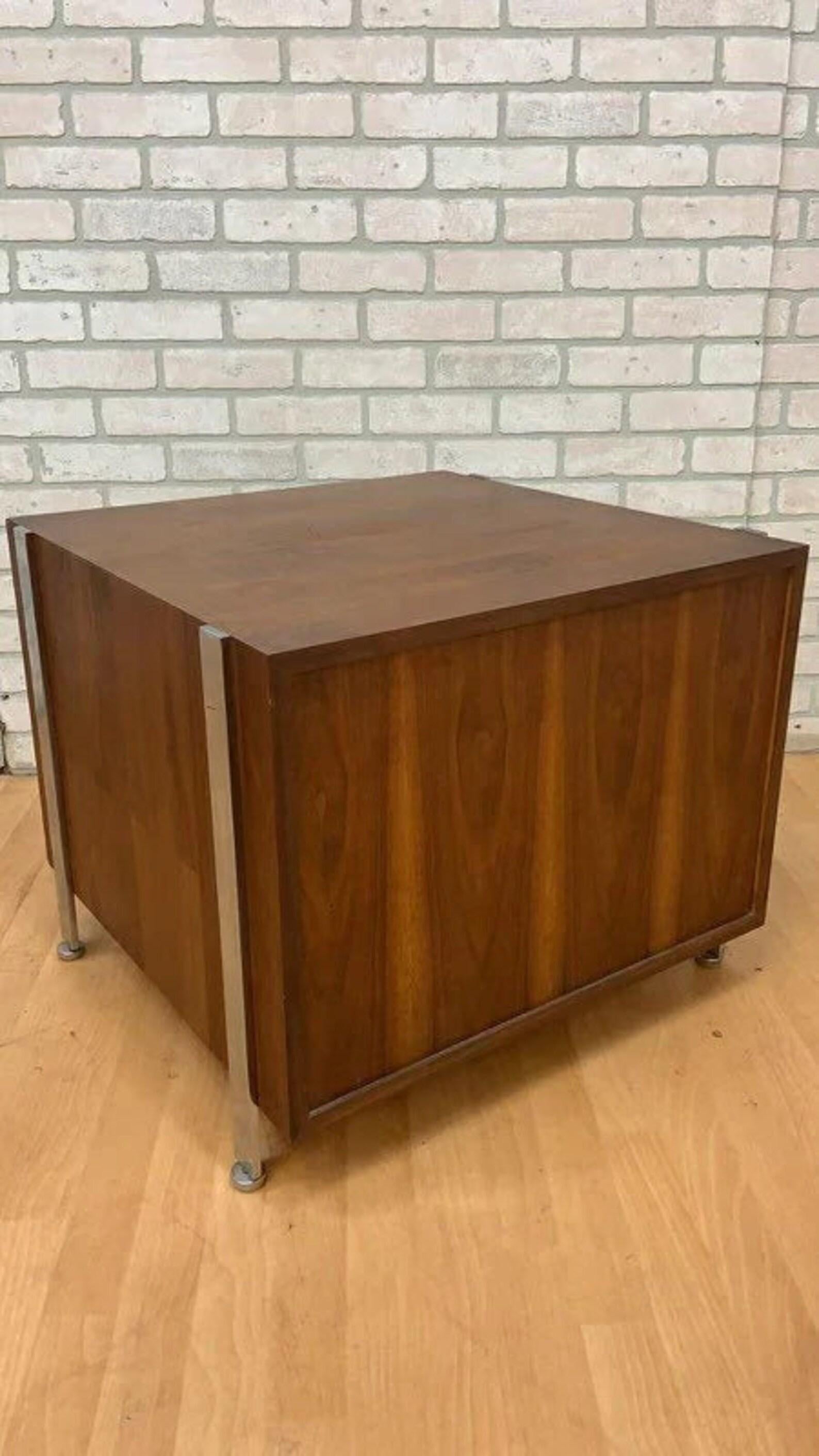 Unknown Mid Century Modern Walnut Chrome Flat Bar Record Storage Cabinet