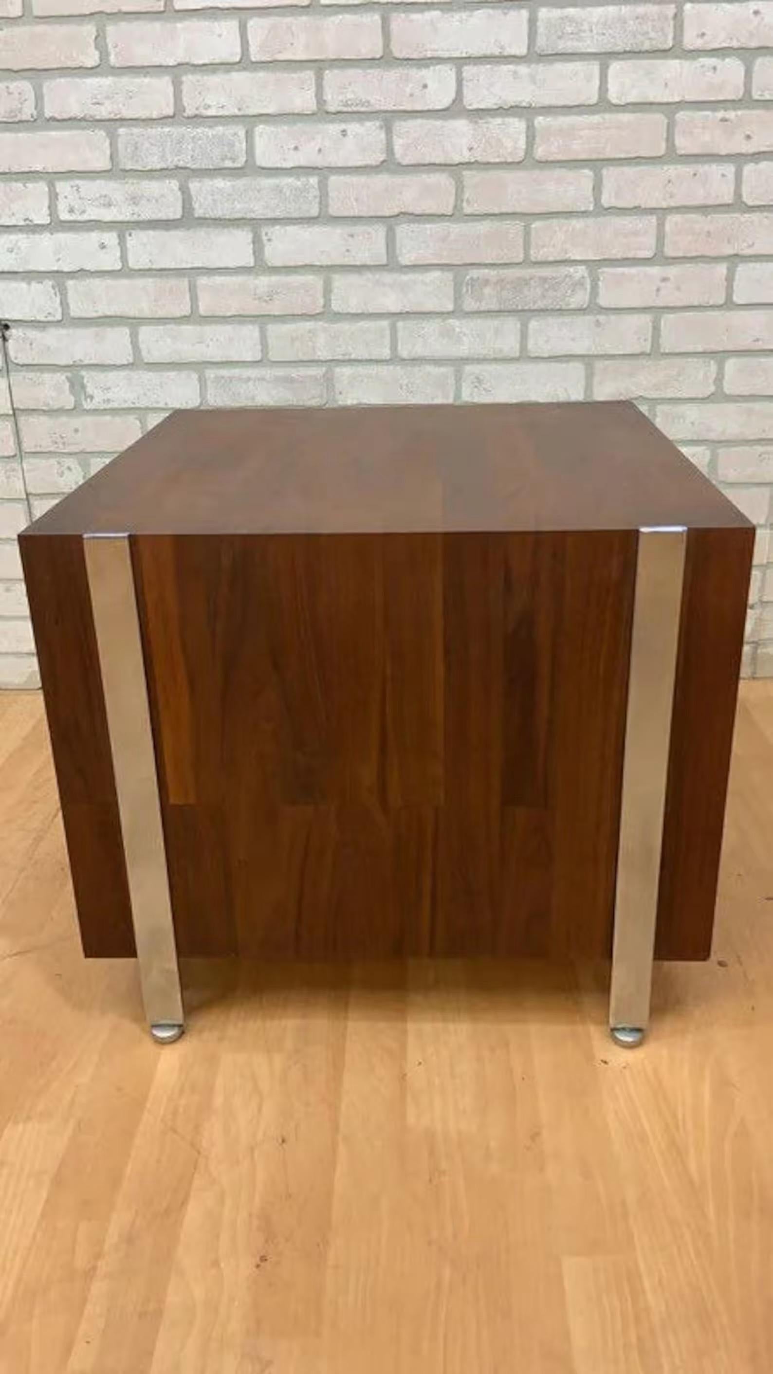 20th Century Mid Century Modern Walnut Chrome Flat Bar Record Storage Cabinet