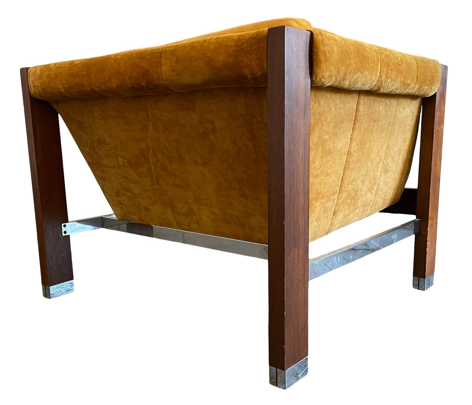 Woodwork Mid-Century Modern Walnut Chrome Low Sling Velvet Lounge Chair