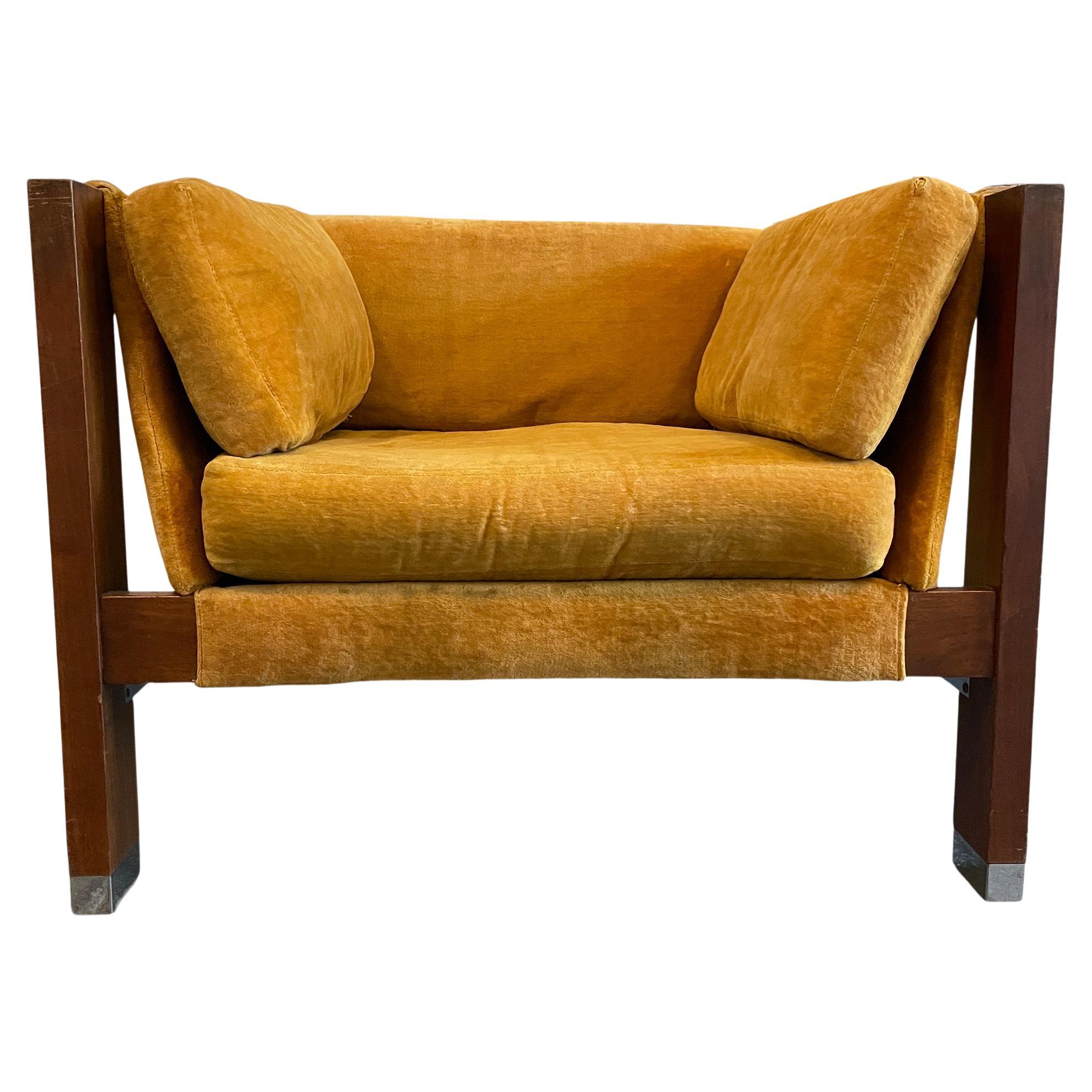Mid-Century Modern Walnut Chrome Low Sling Velvet Lounge Chair For Sale at  1stDibs