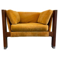 Mid-Century Modern Walnut Chrome Low Sling Velvet Lounge Chair
