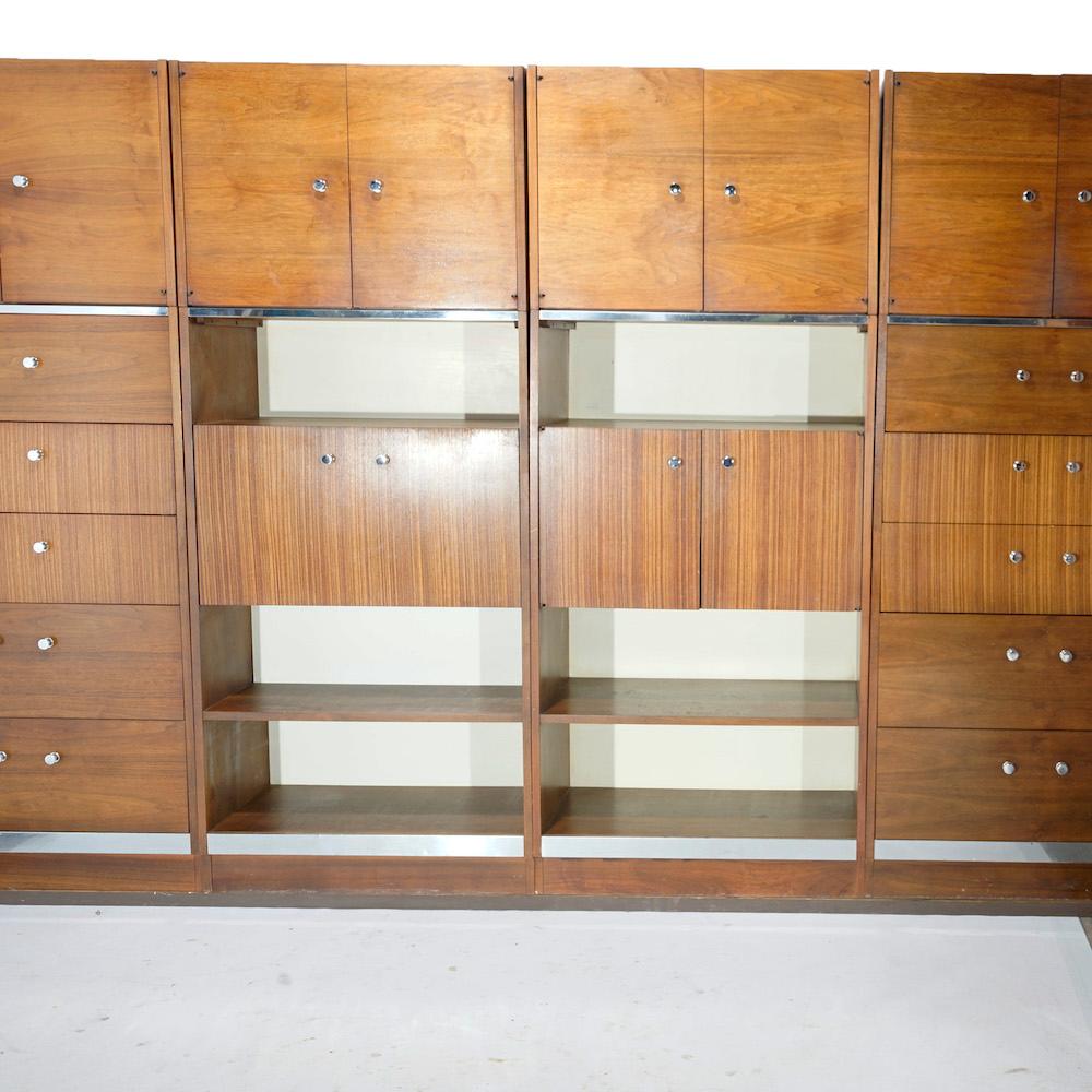 Mid-Century Modern Walnut & Chrome Modular Secretary, Desk, Shelves & Cabinet In Good Condition In Big Flats, NY
