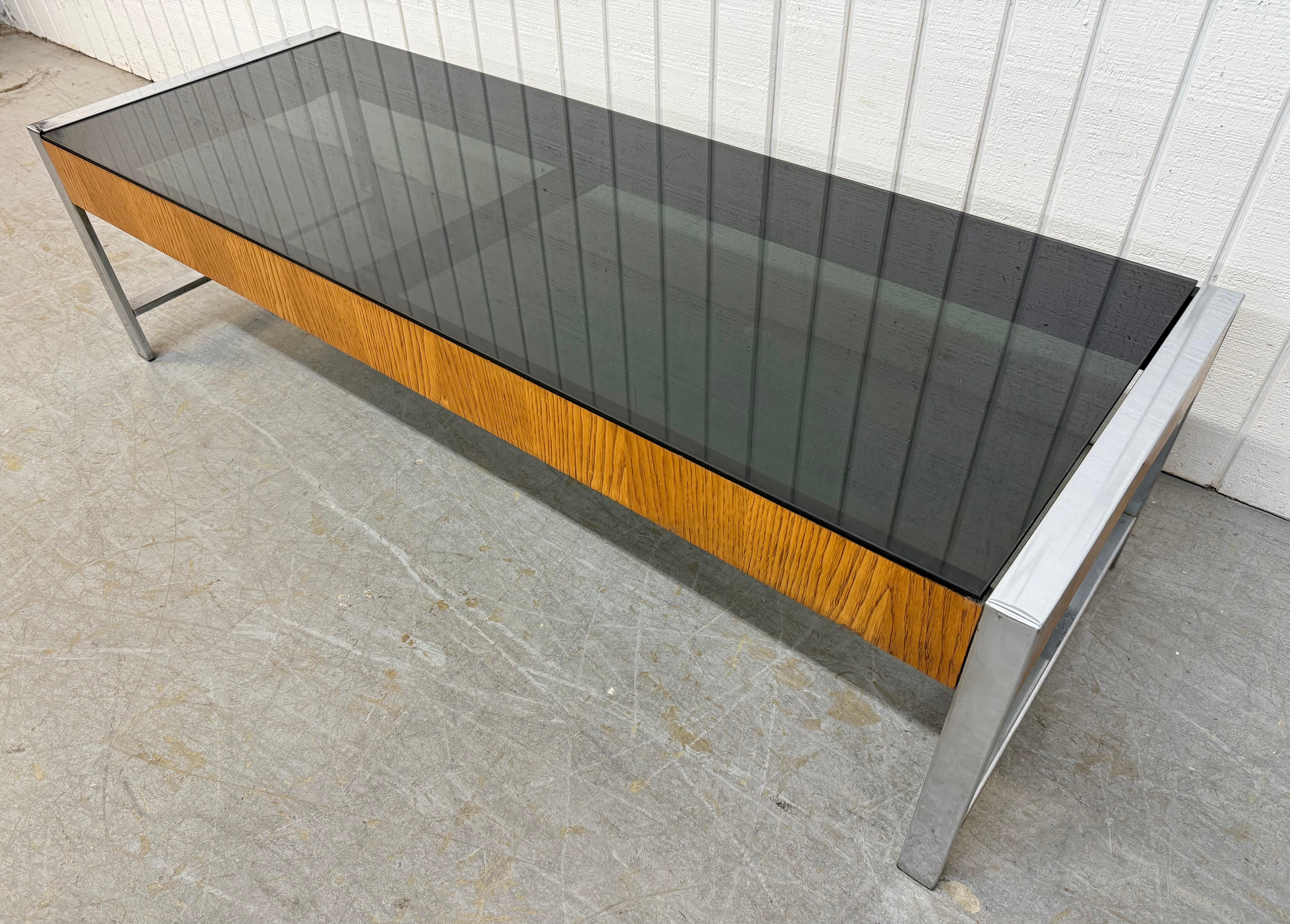 American Mid-Century Modern Walnut & Chrome Smoked Glass Coffee Table For Sale