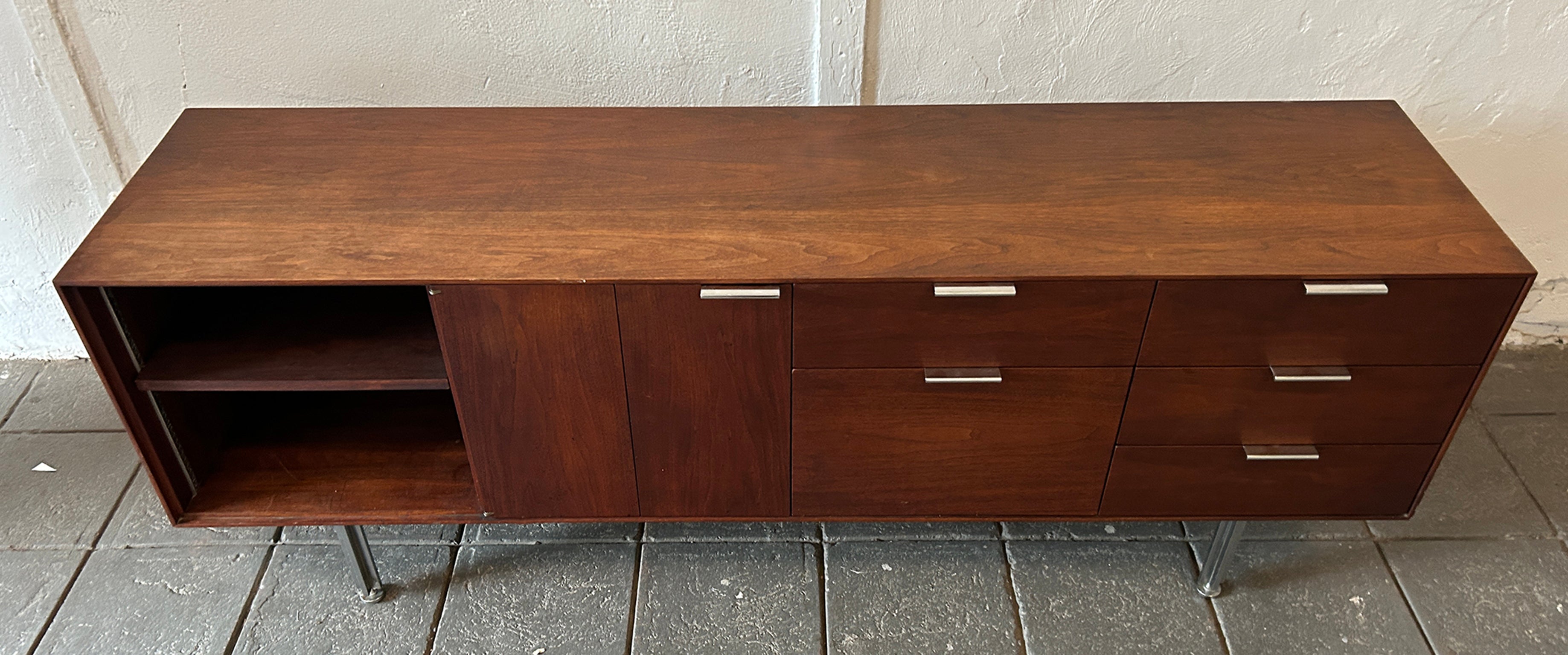 Mid-Century Modern Mid century modern walnut chrome style of Knoll credenza cabinet For Sale