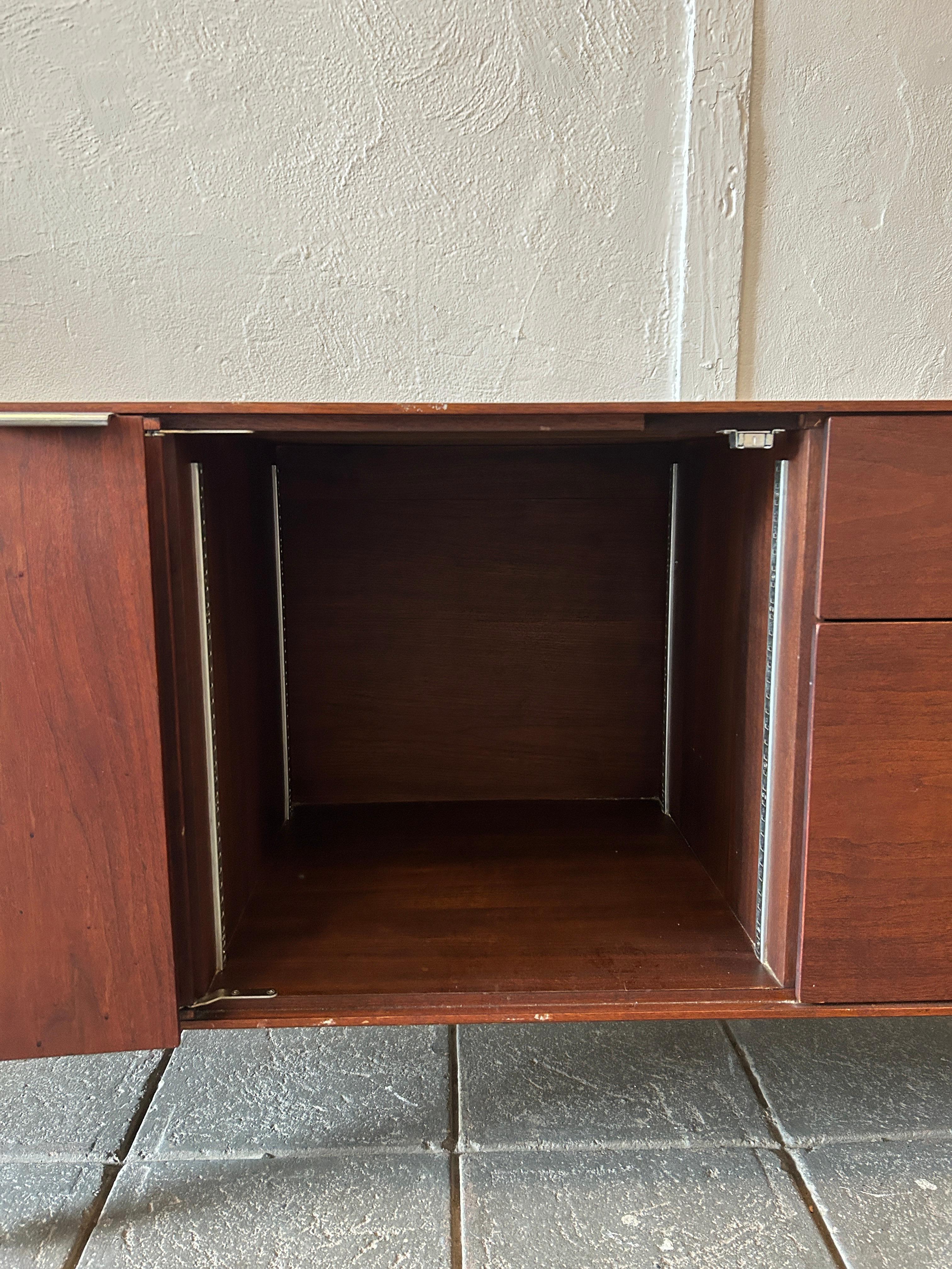 Chrome Mid century modern walnut chrome style of Knoll credenza cabinet For Sale