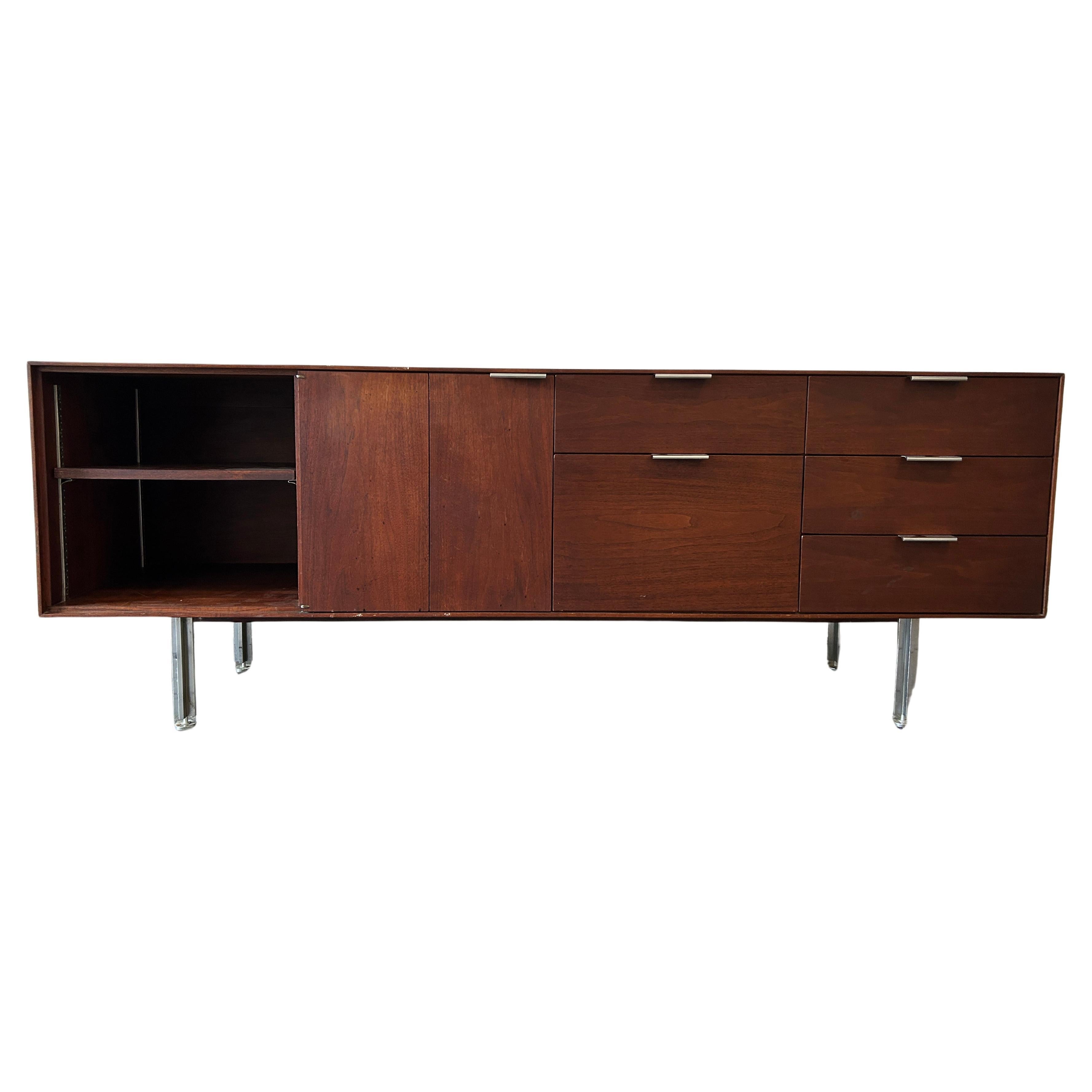 Mid century modern walnut chrome style of Knoll credenza cabinet For Sale